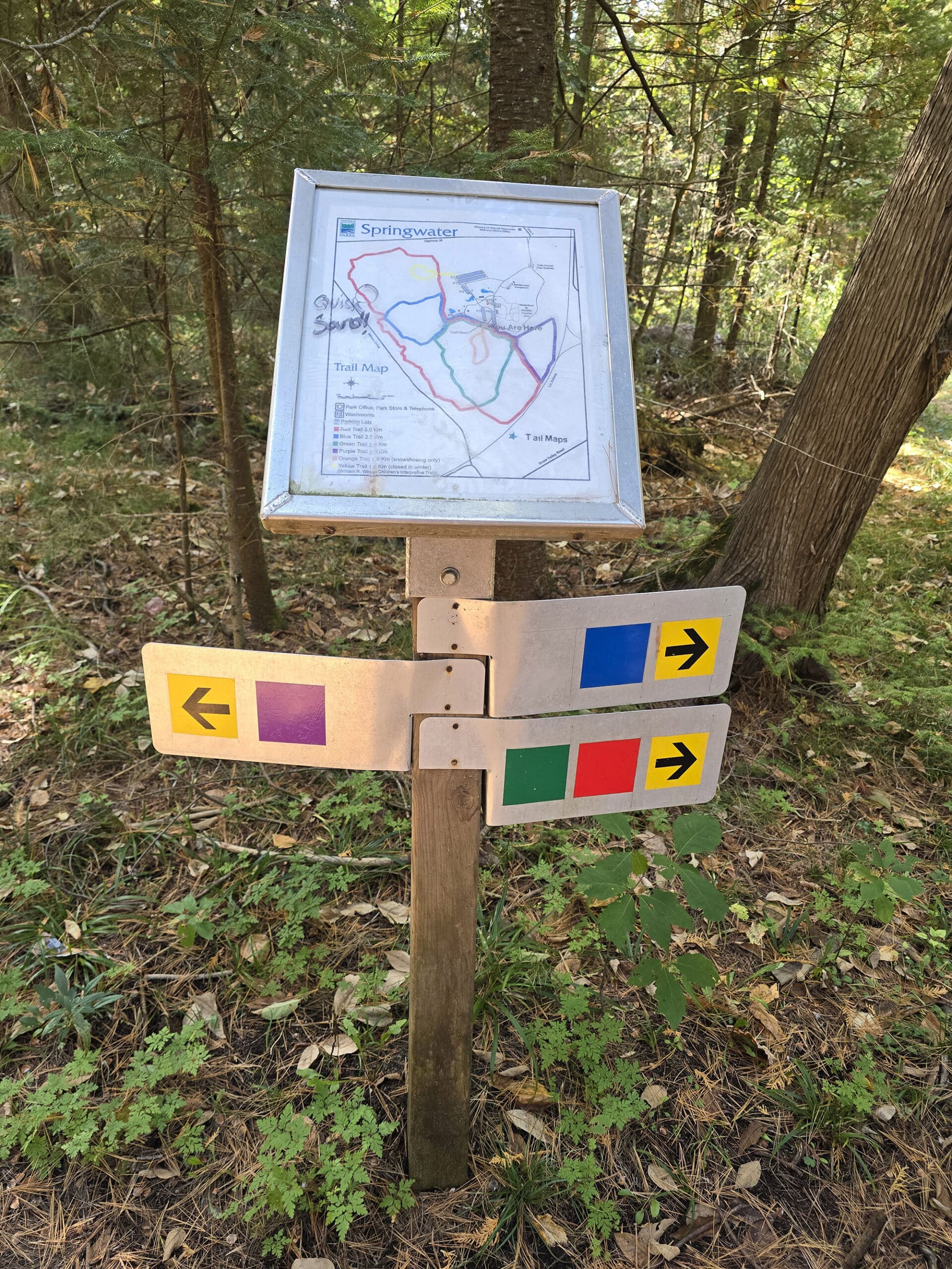 A Springwater Provincial Park trail map and blazes.