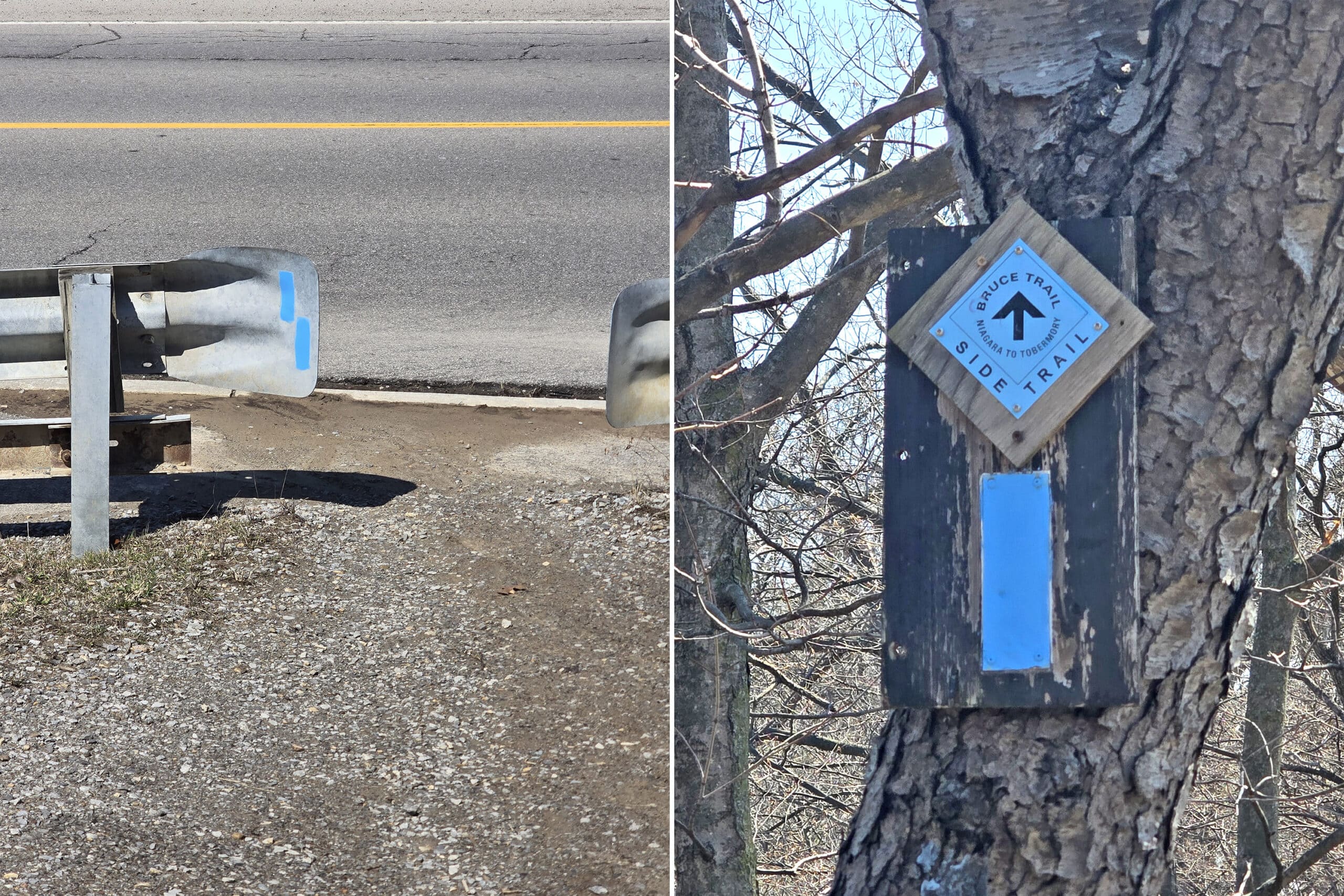 2 part image showing Bruce trail trail blazes and signage.