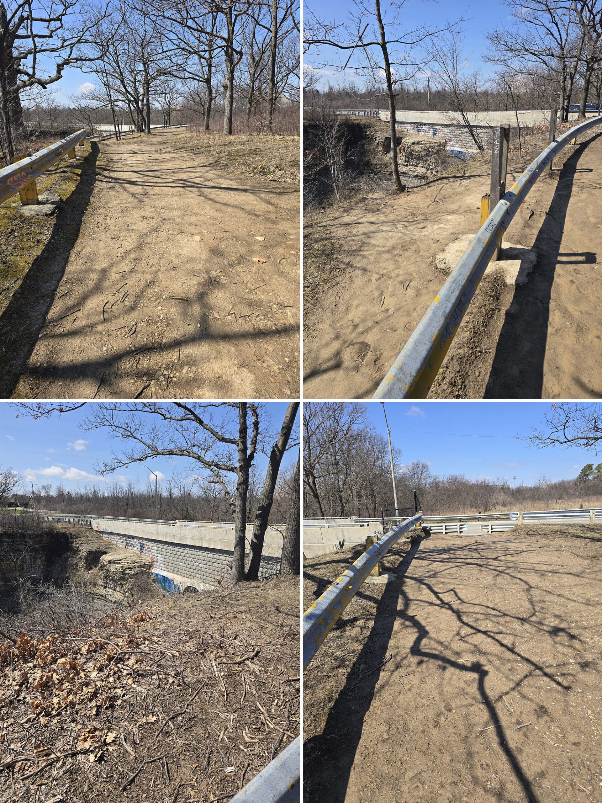 4 part image showing various views along the trail to Buttermilk Falls.