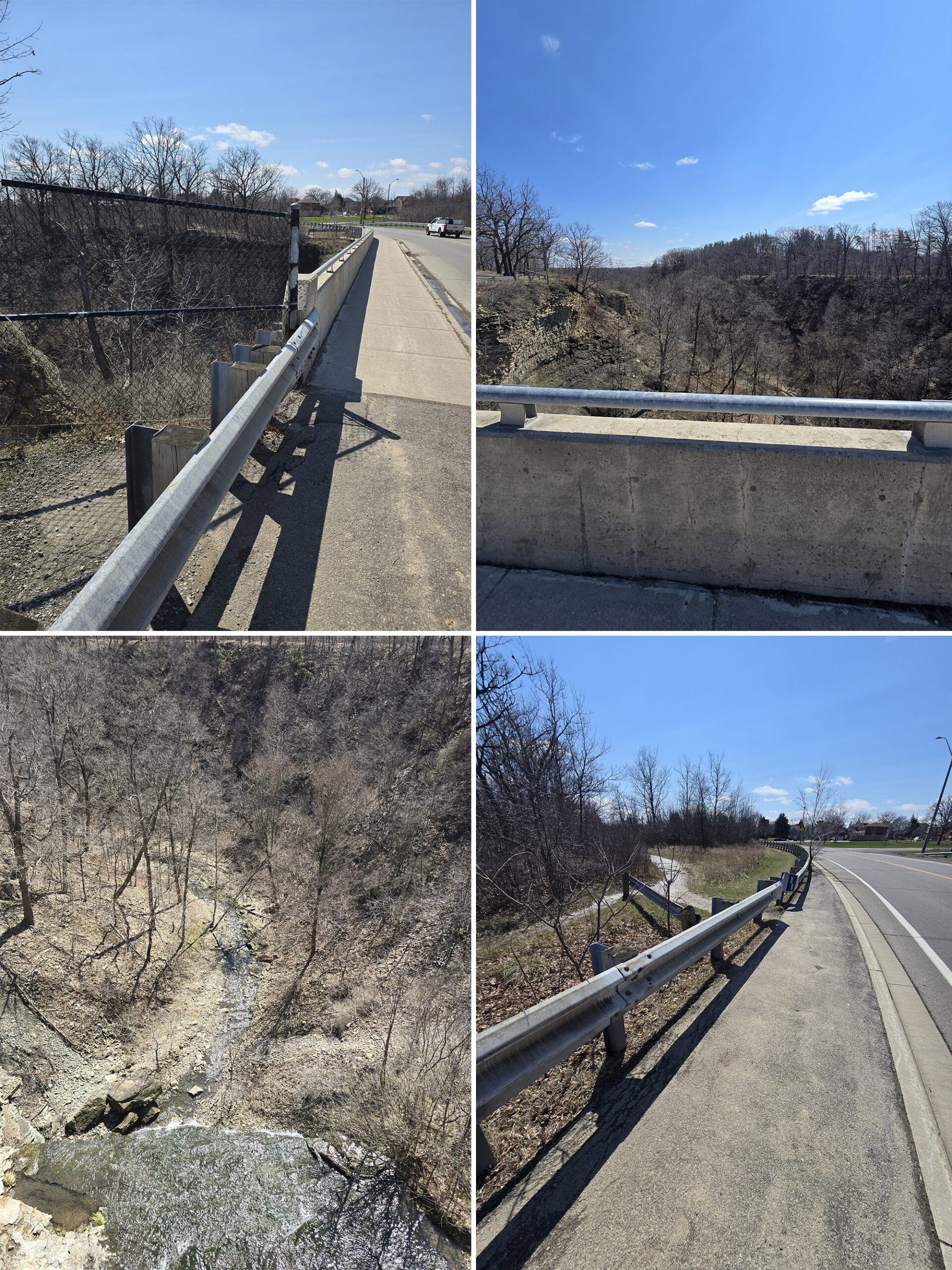 4 part image showing various views along the trail to Buttermilk Falls.