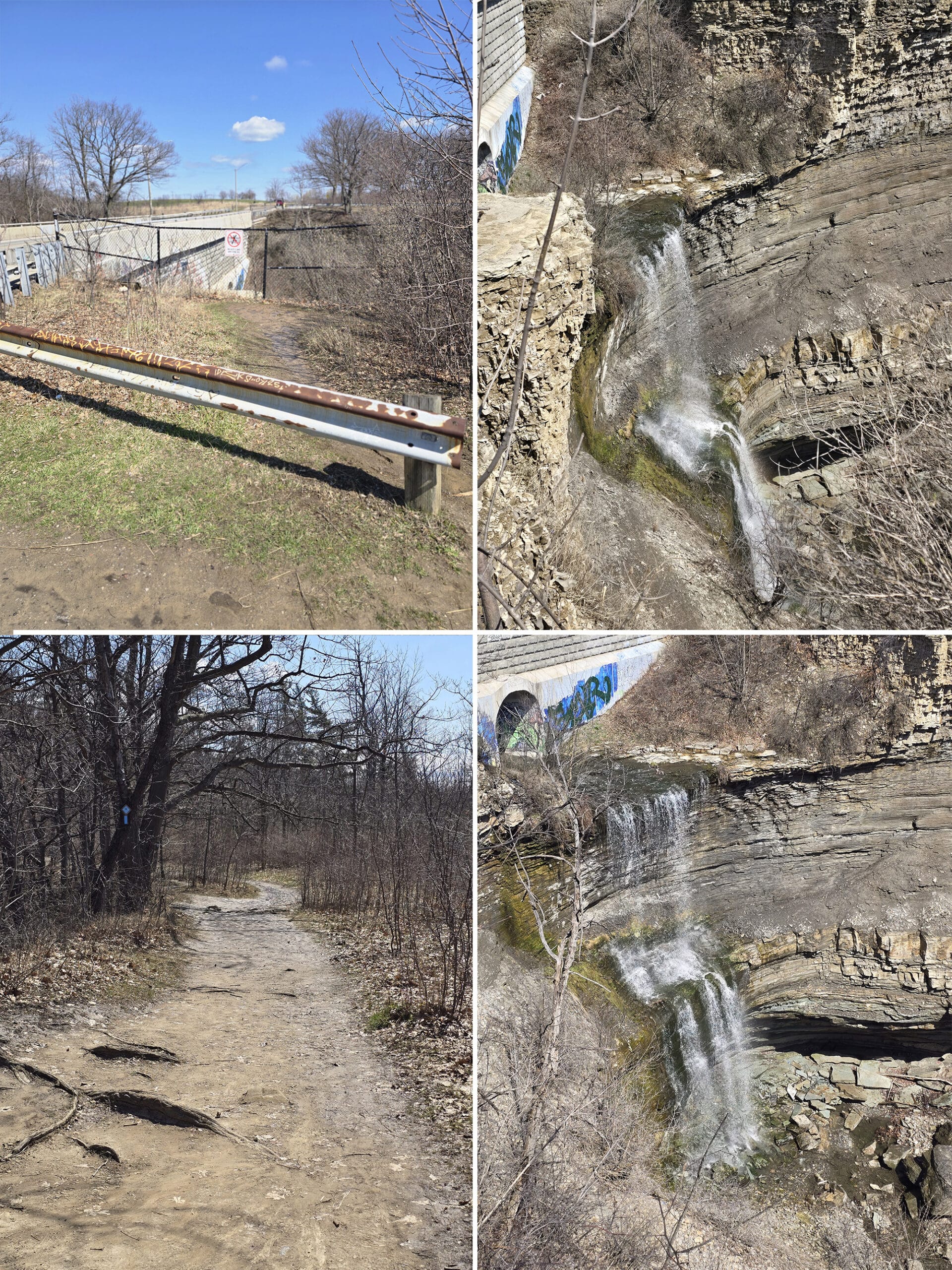 4 part image showing various views along the trail to Buttermilk Falls.