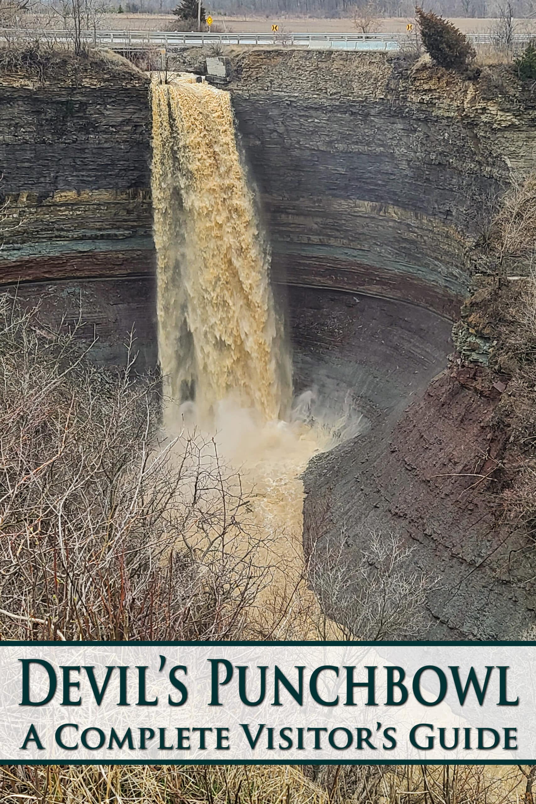 The Devil’s punchbowl waterfall. Overlaid text says devils punchbowl a complete visitor's guide.