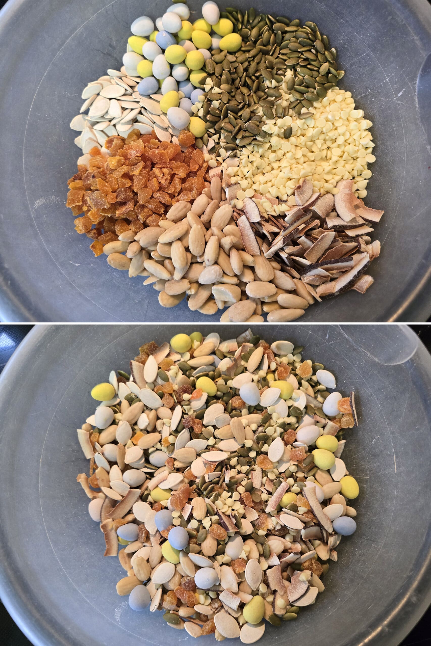 2 part image showing the Easter trail mix ingredients being mixed in a large bowl.