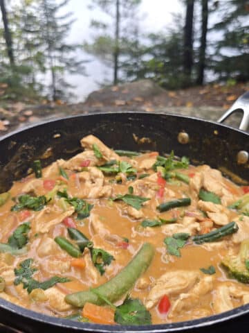 A pan of peanut butter chicken stir fry with a variety of colourful vegetables in it.