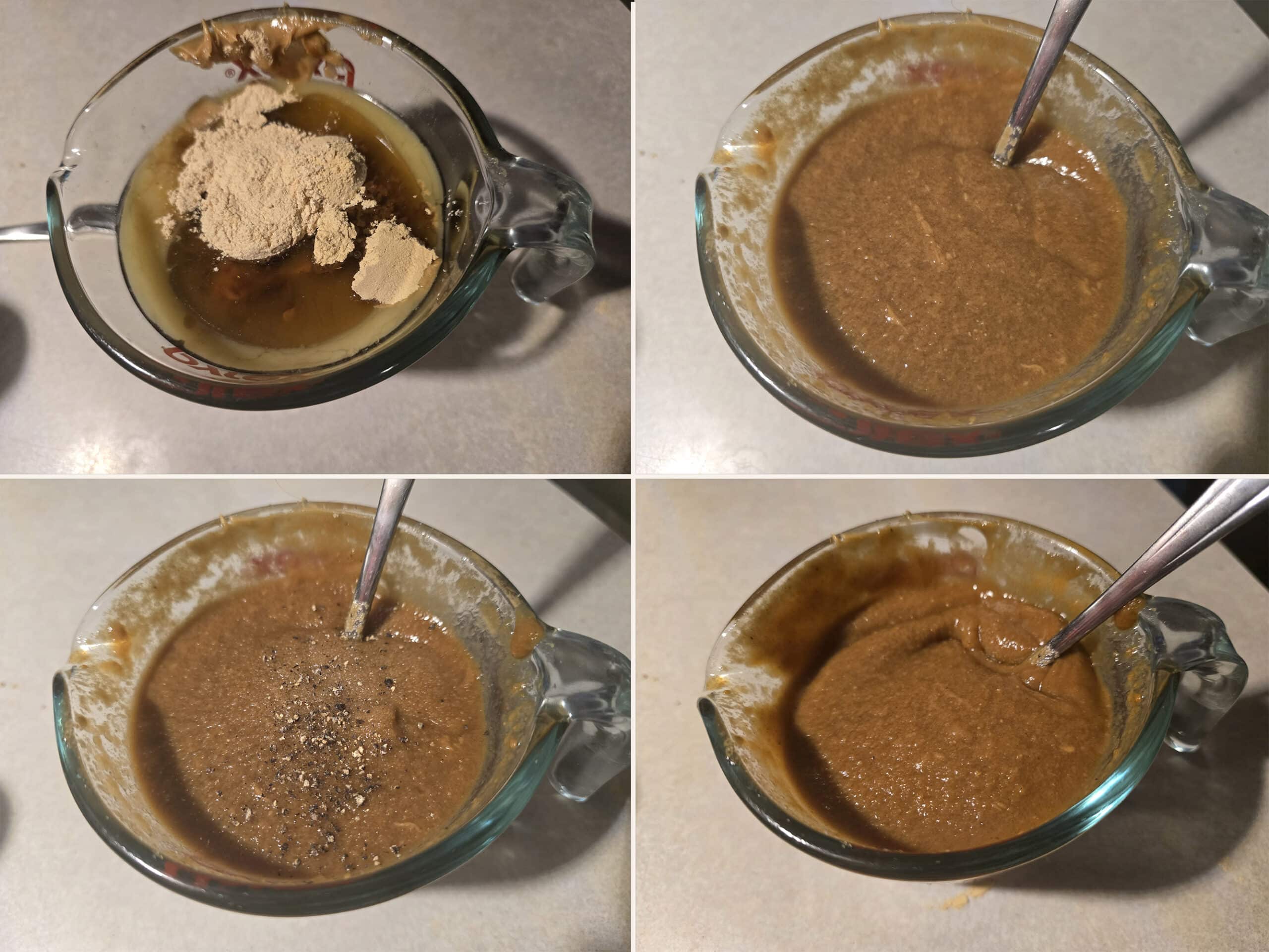 4 part image showing the peanut sauce ingredients being whisked together in a glass measuring cup, then seasoned with salt and pepper.
