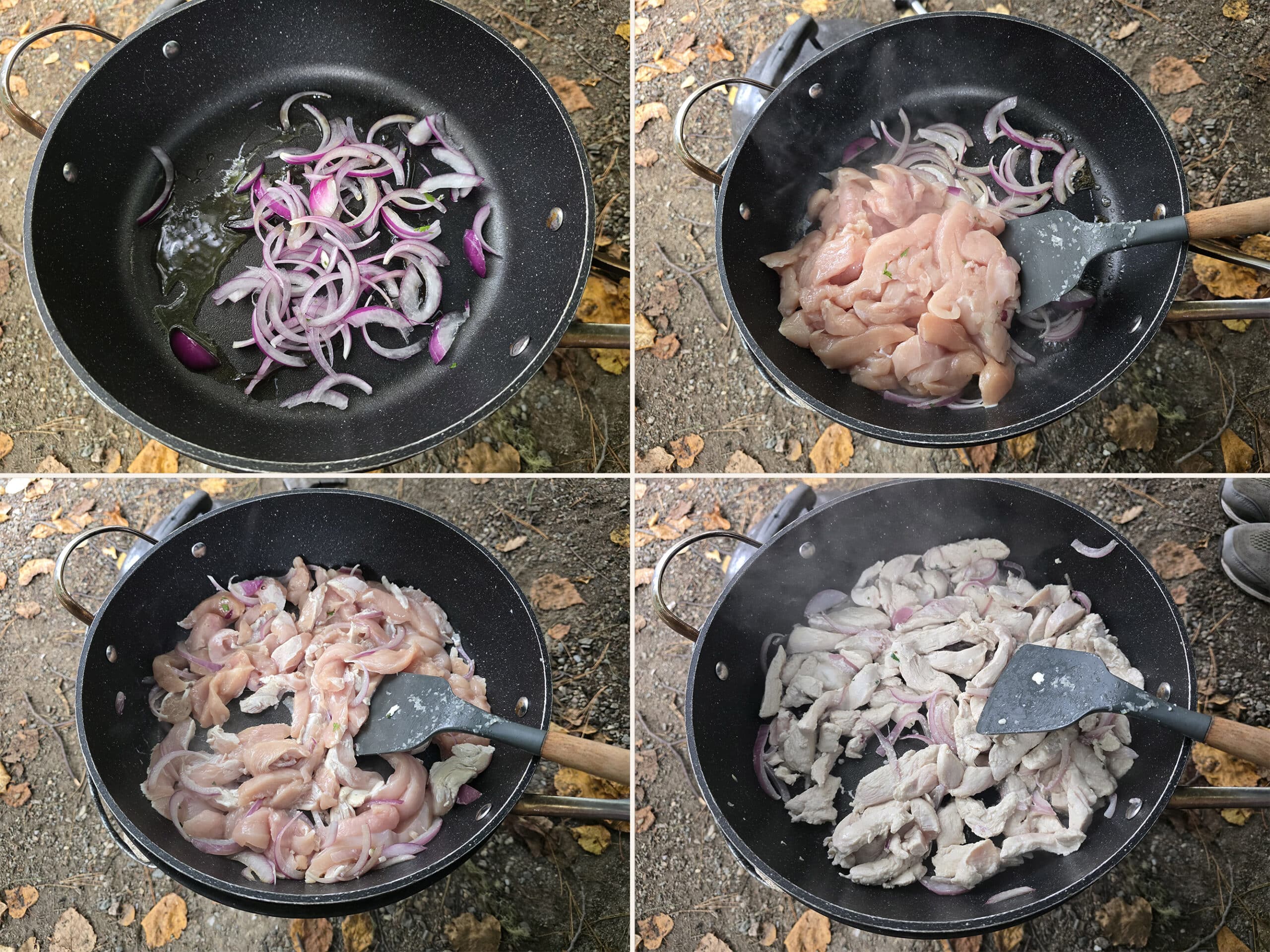 4 part image showing the onion slices cooking in a pan over a grill, then the sliced chicken added and browned.