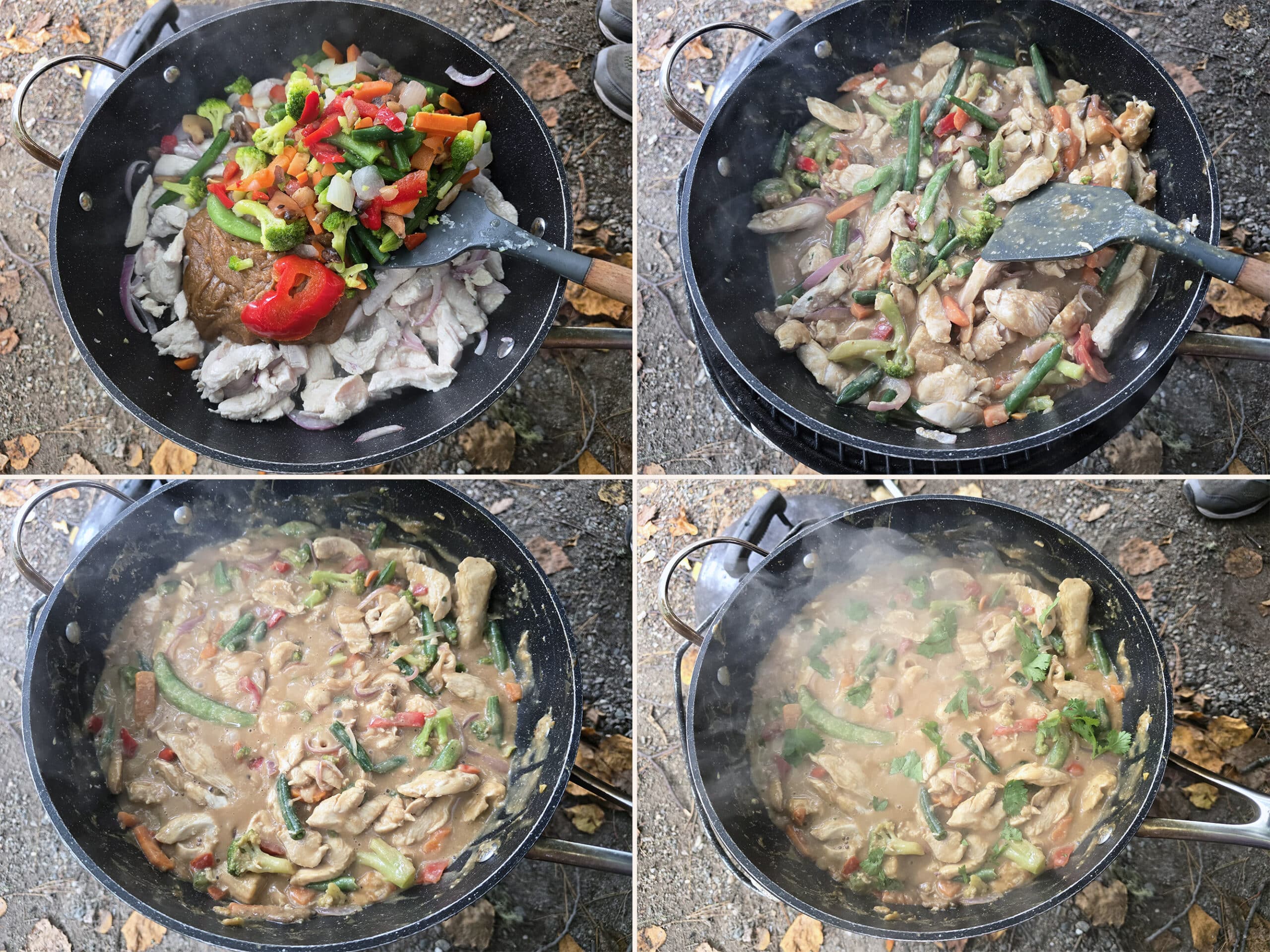 4 part image showing a bag of frozen veggies being added to the pan, then the sauce stirred in and simmering.