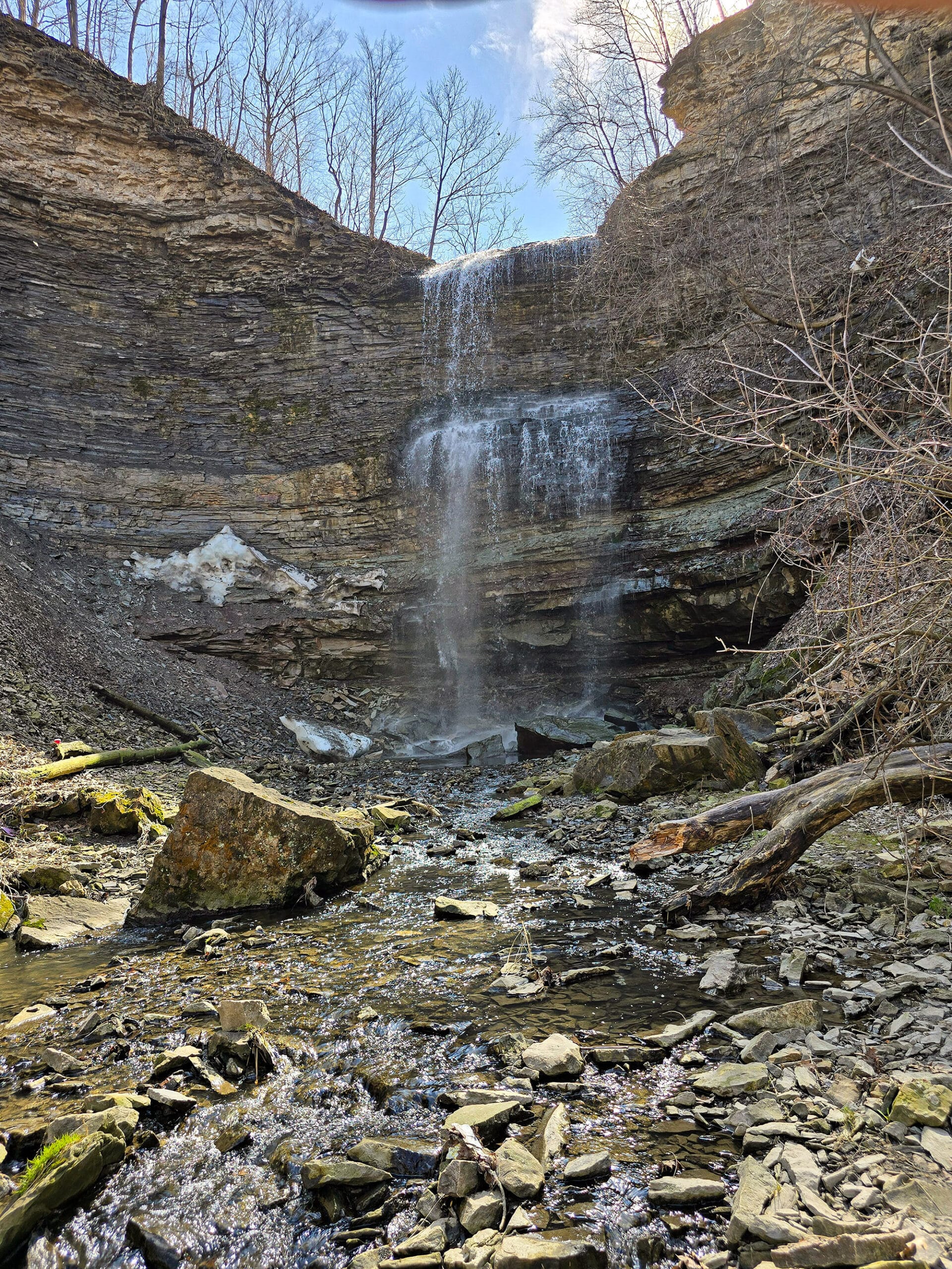 Felker’s Falls waterfall viewed from the base of the falls.
