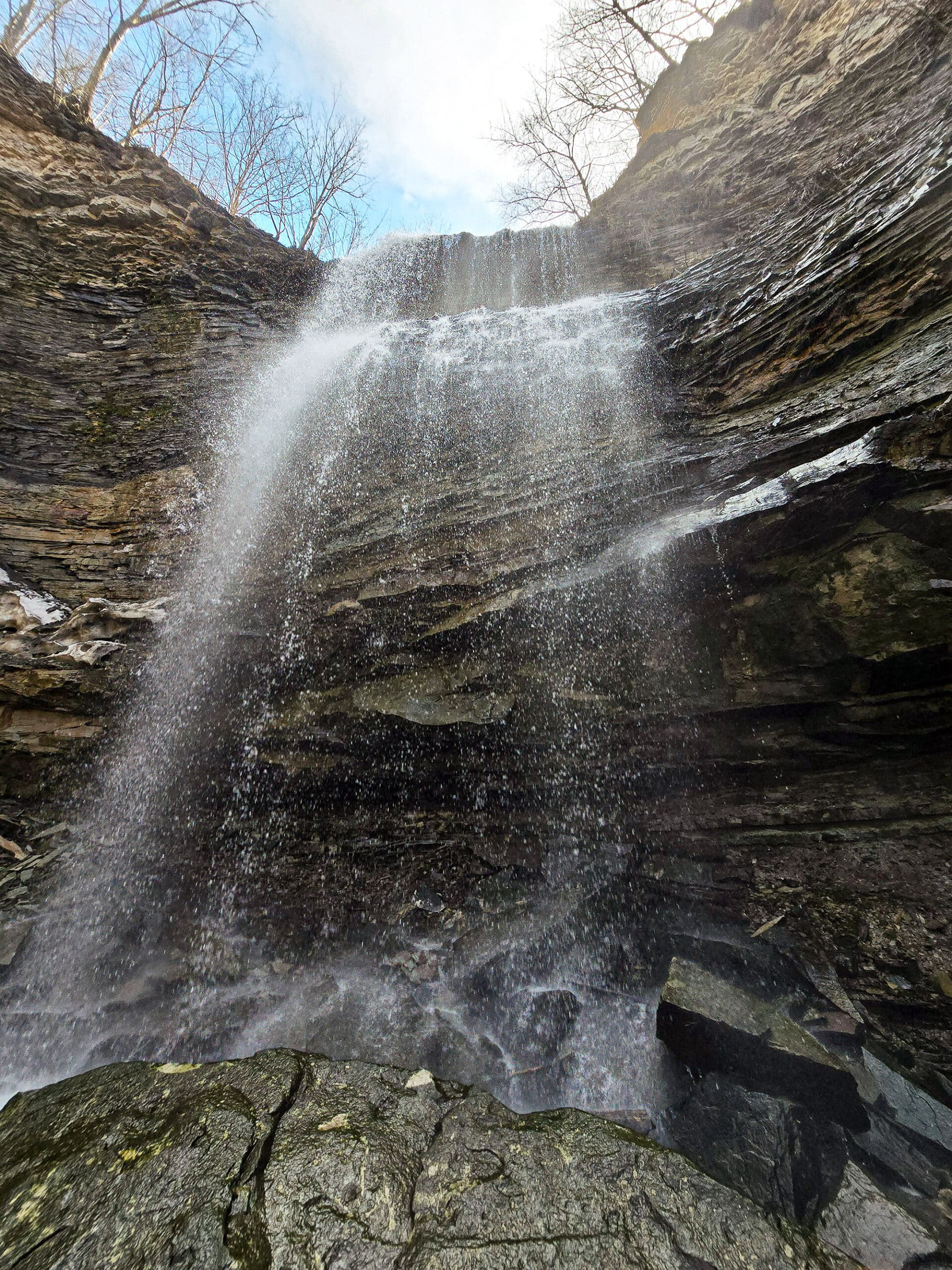 Felker’s Falls waterfall viewed from the base of the falls.