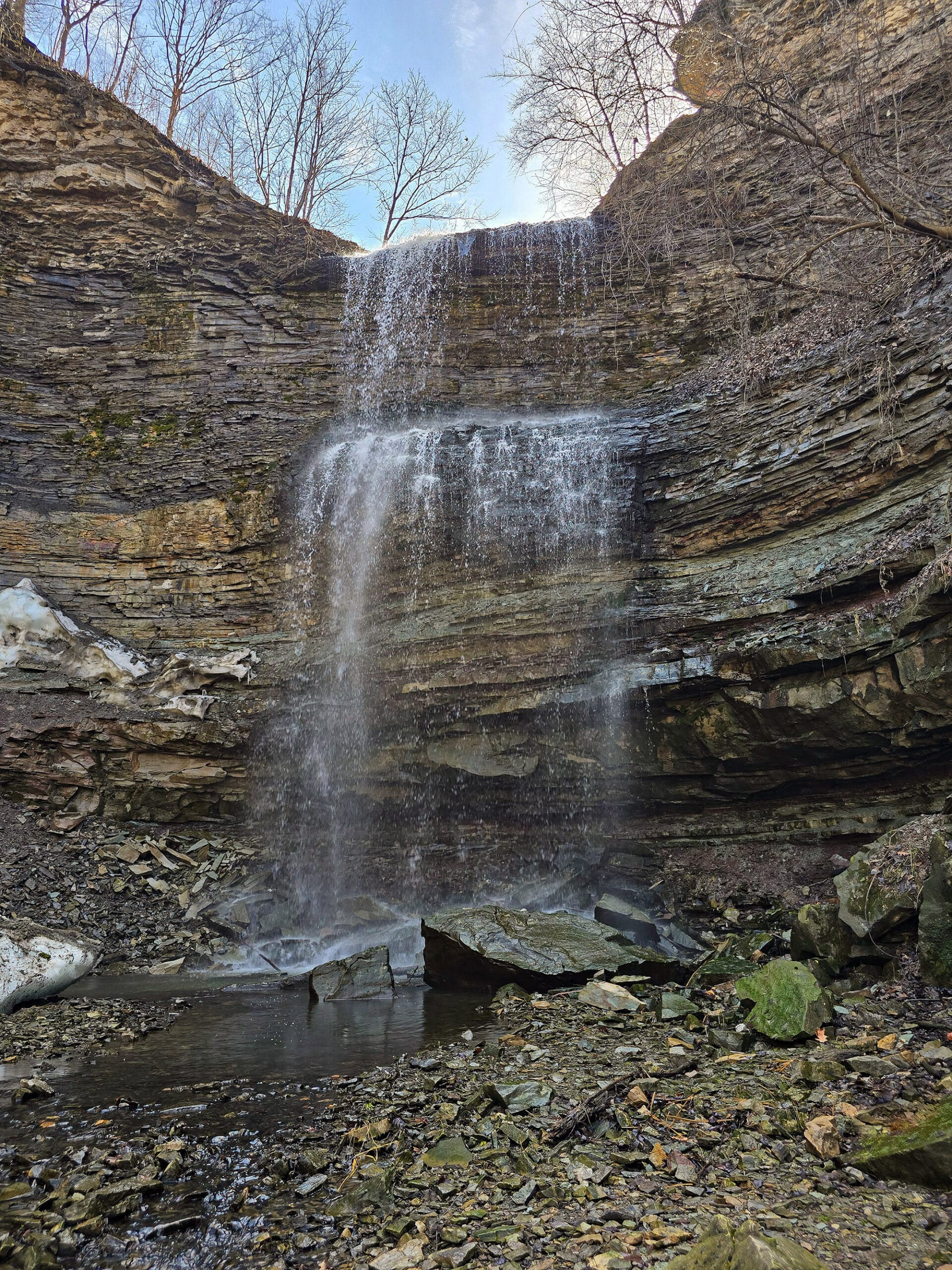 Felker’s Falls waterfall viewed from the base of the falls.