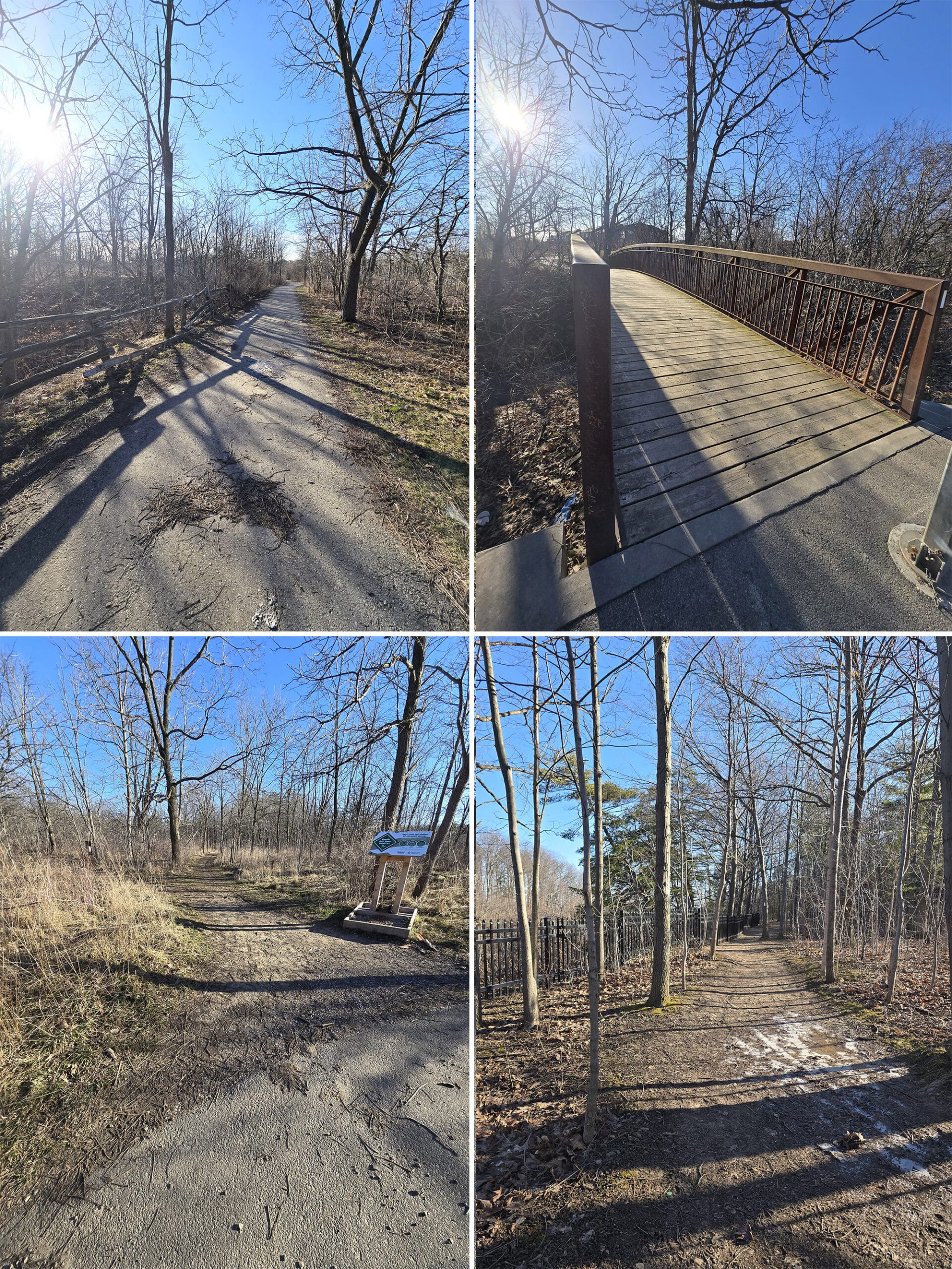 4 part image showing various views along the Bruce Trail at Felker’s Falls Conservation Area.