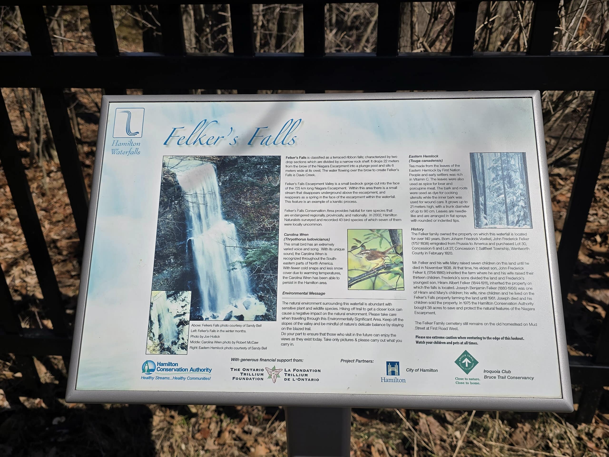 An educational sign about the history of Felker’s Falls.