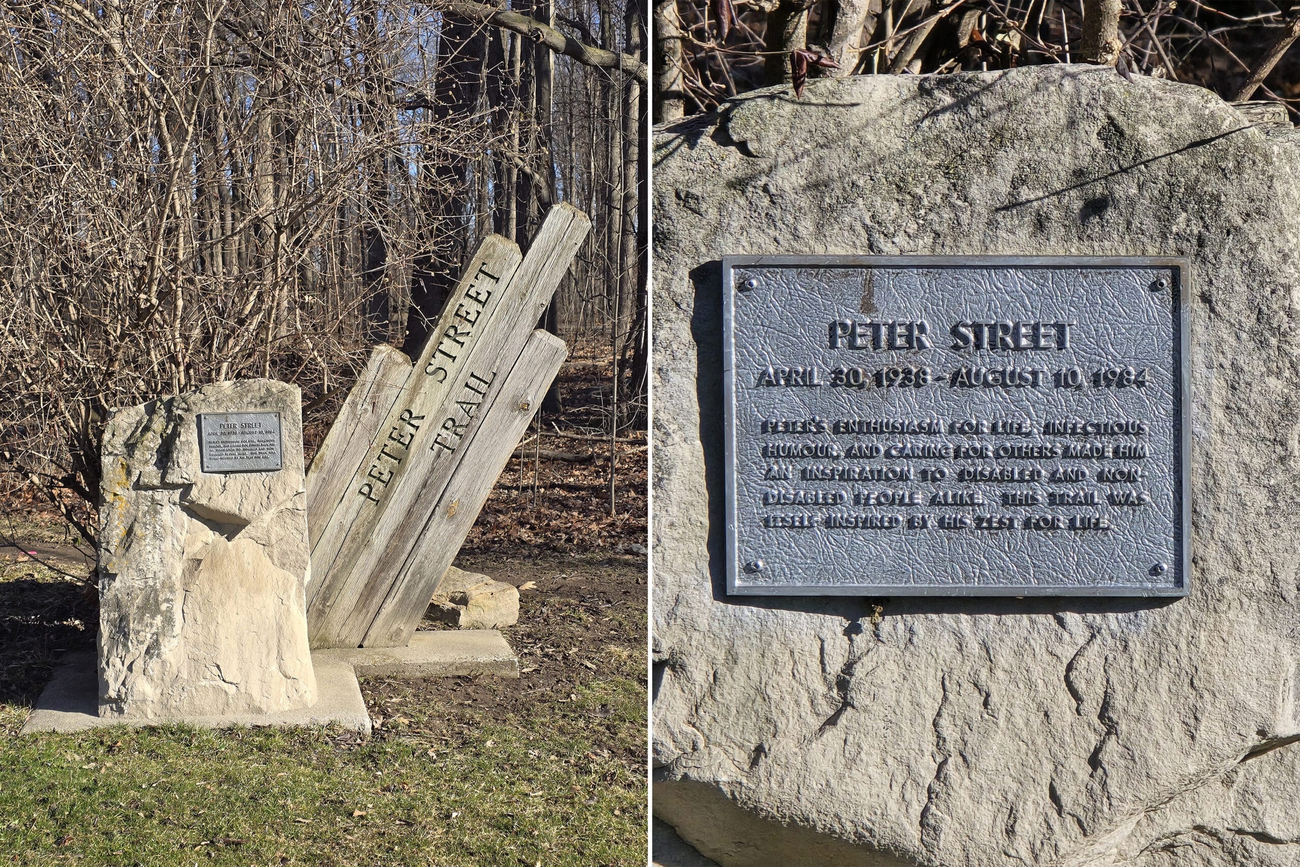 A memorial stone and sign for Peter Street.