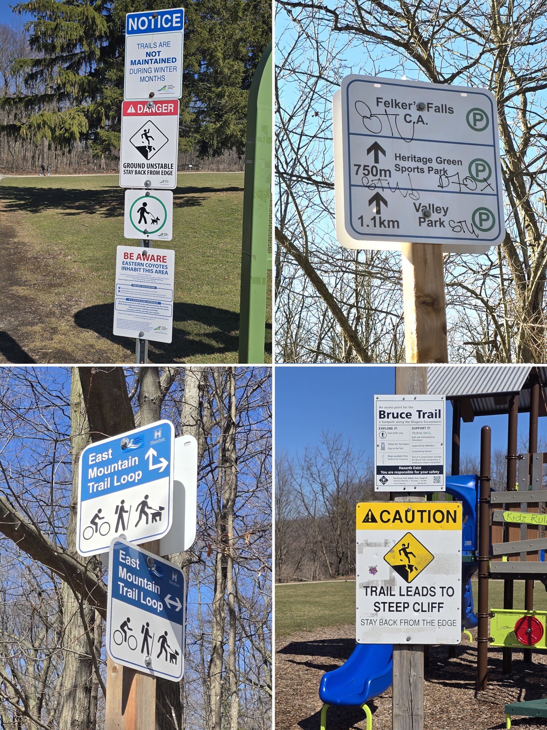 4 part image showing various signs at Felker’s Falls Conservation Area.
