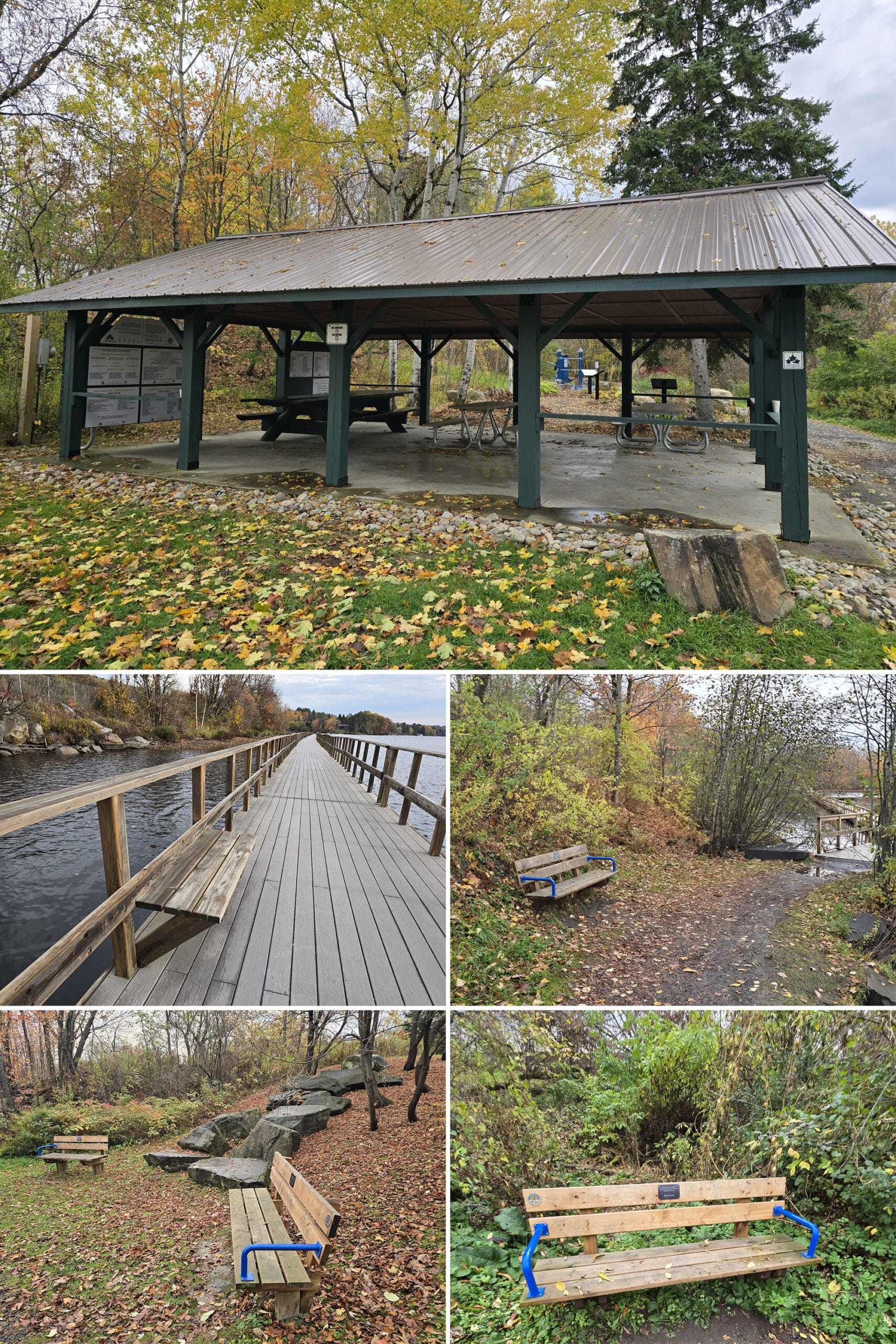 5 part image showing a picnic shelter and various park benches along the Hunter’s bay trail in Huntsville.