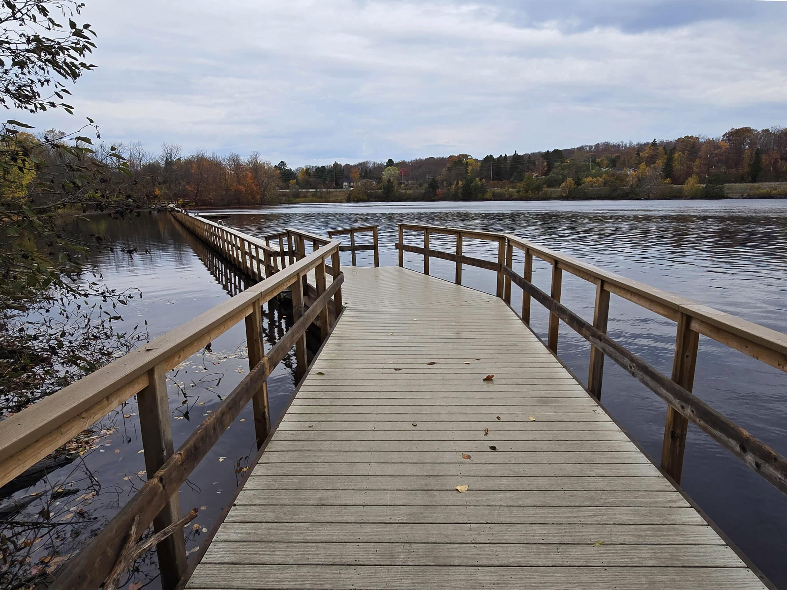 A floating section of boardwalk trail along the Hunter’s bay hiking trail.