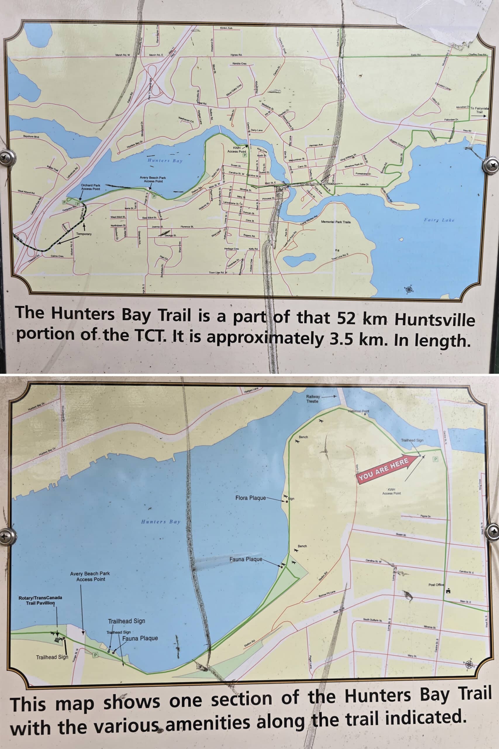 2 part image showing a trail map for Hunter’s Bay Trail in huntsville, ontario.