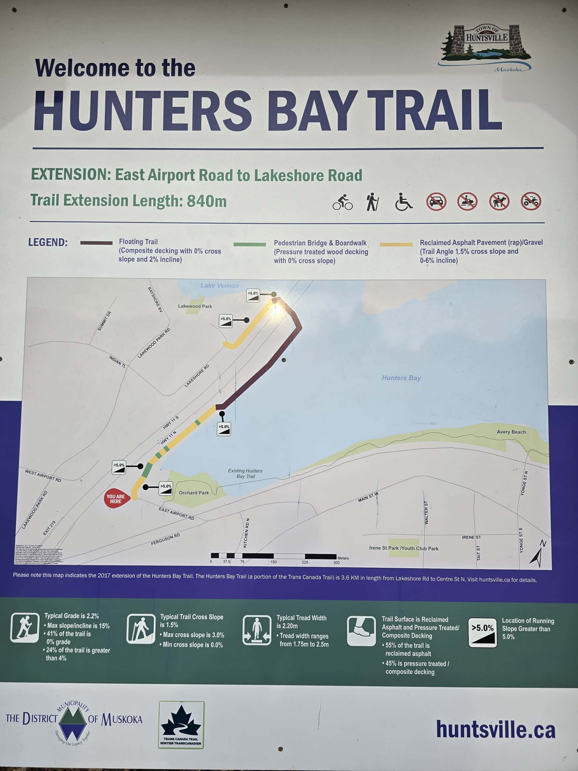 2 part image showing a trail map for Hunter’s Bay Trail in huntsville, ontario.