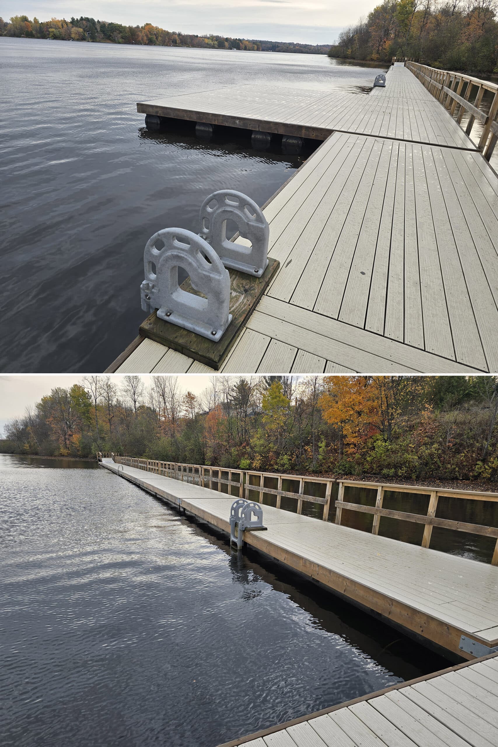 2 part image showing a floating boardwalk with ladders down into Hunter’s bay.