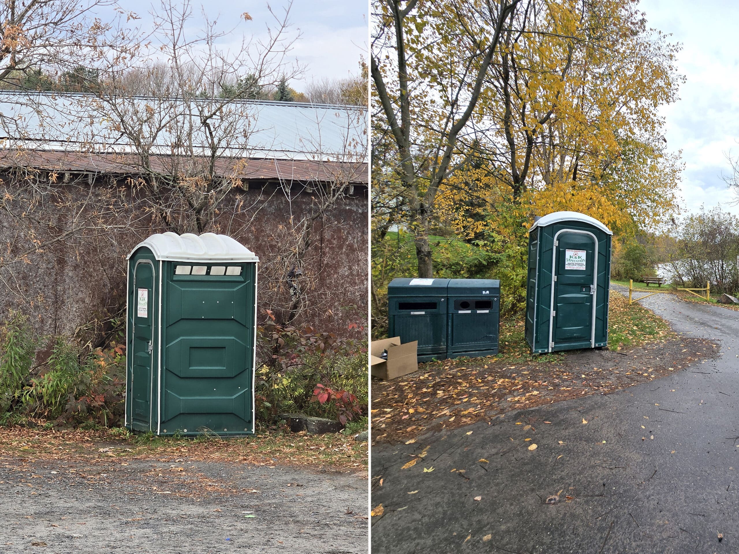 2 part image showing portapotties.