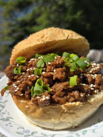 A Korean Beef Sloppy Joes sandwich with green onions and sesame seeds.