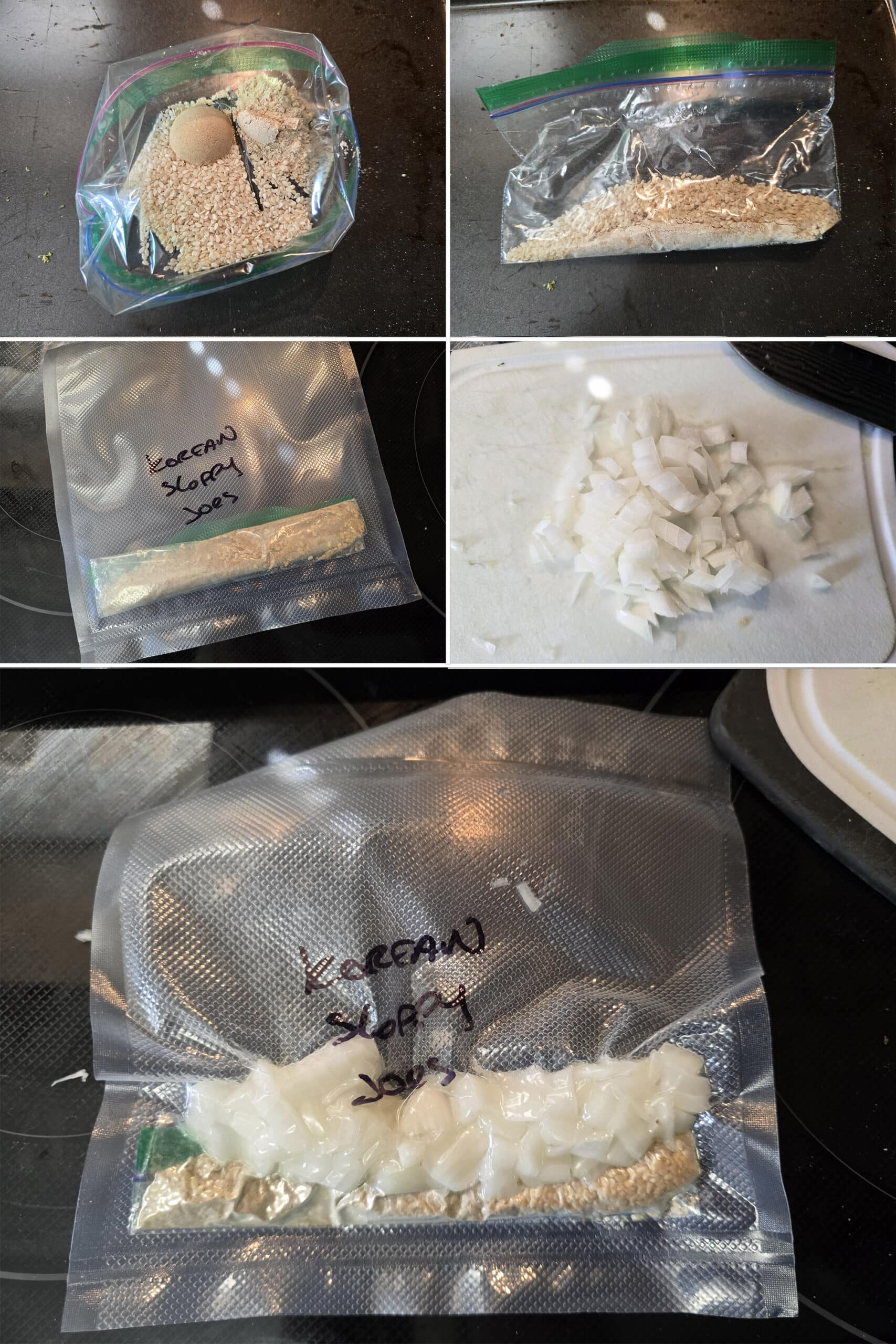 5 part image showing the spices being mixed in a small baggie and added to a freezer baggie along with chopped onions.