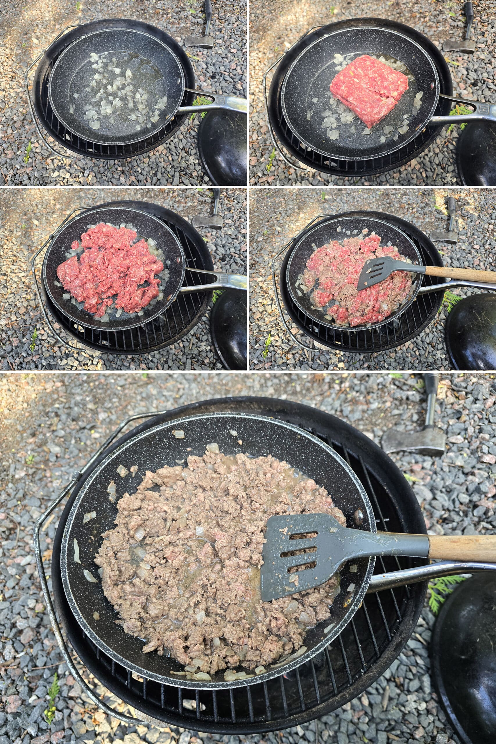 5 part image showing chopped onions cooking in a pan over a grill, then ground beef added, broken up, and browned.