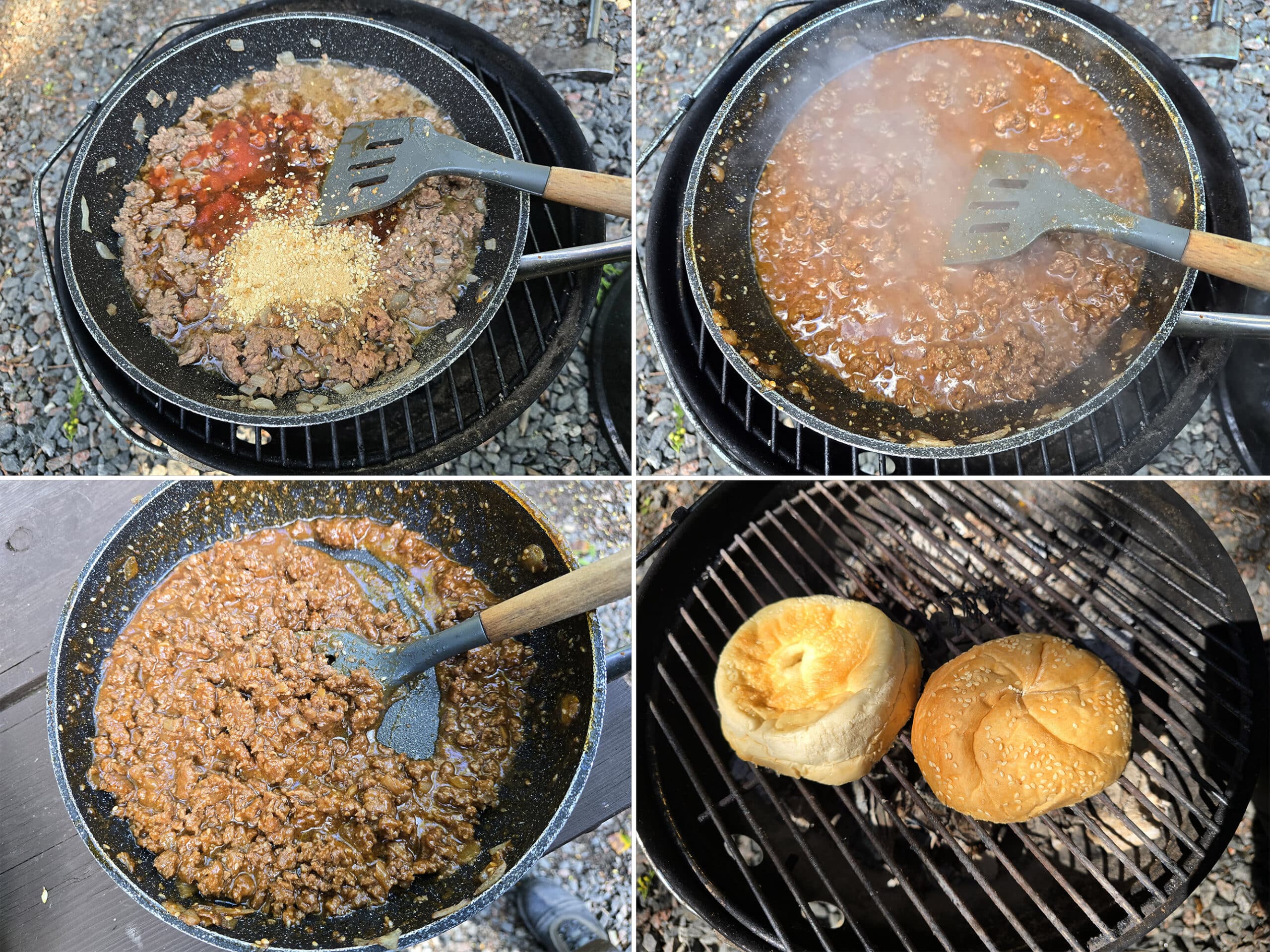 4 part image showing the sauce ingredients added to the pan and simmered, and a bun toasting over the grill.