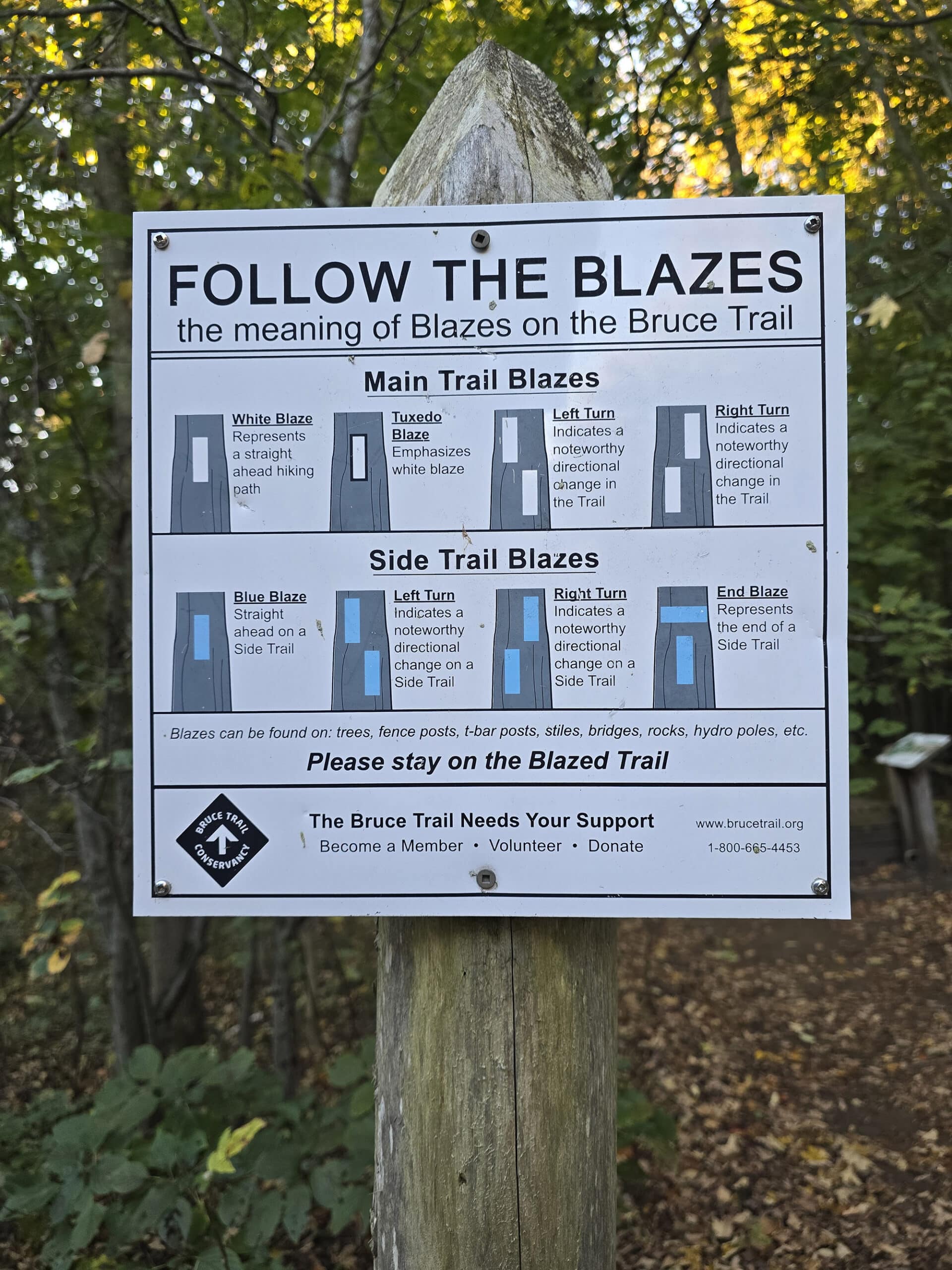 A trail sign demonstrating the different types of trail blazes and what they mean.
