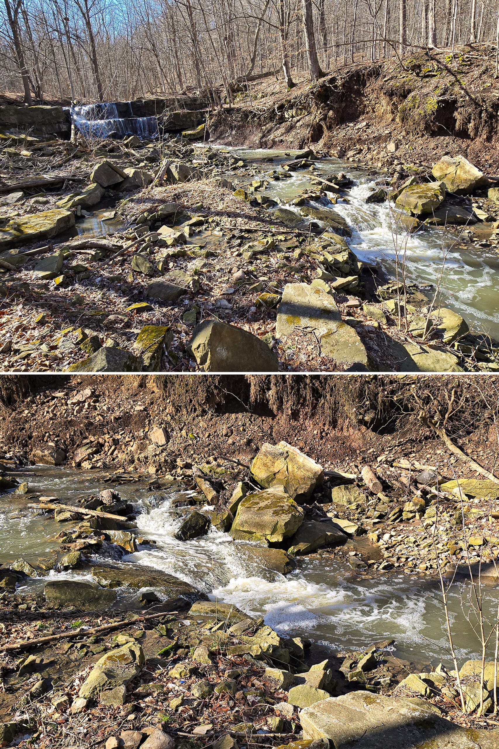 2 part image showing the rapids downstream of Little Davis Falls