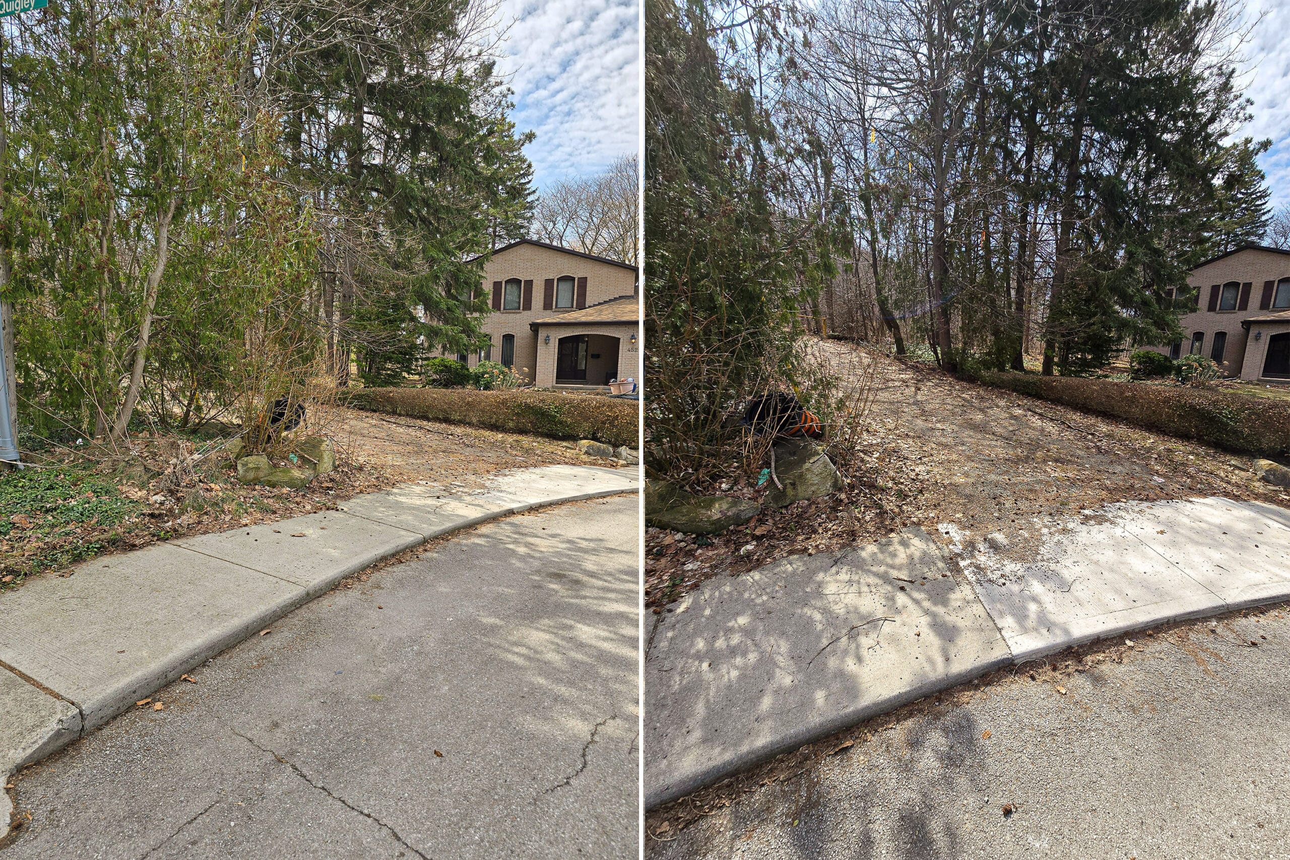 2 part image showing a trail off a residential street and sidewalk.