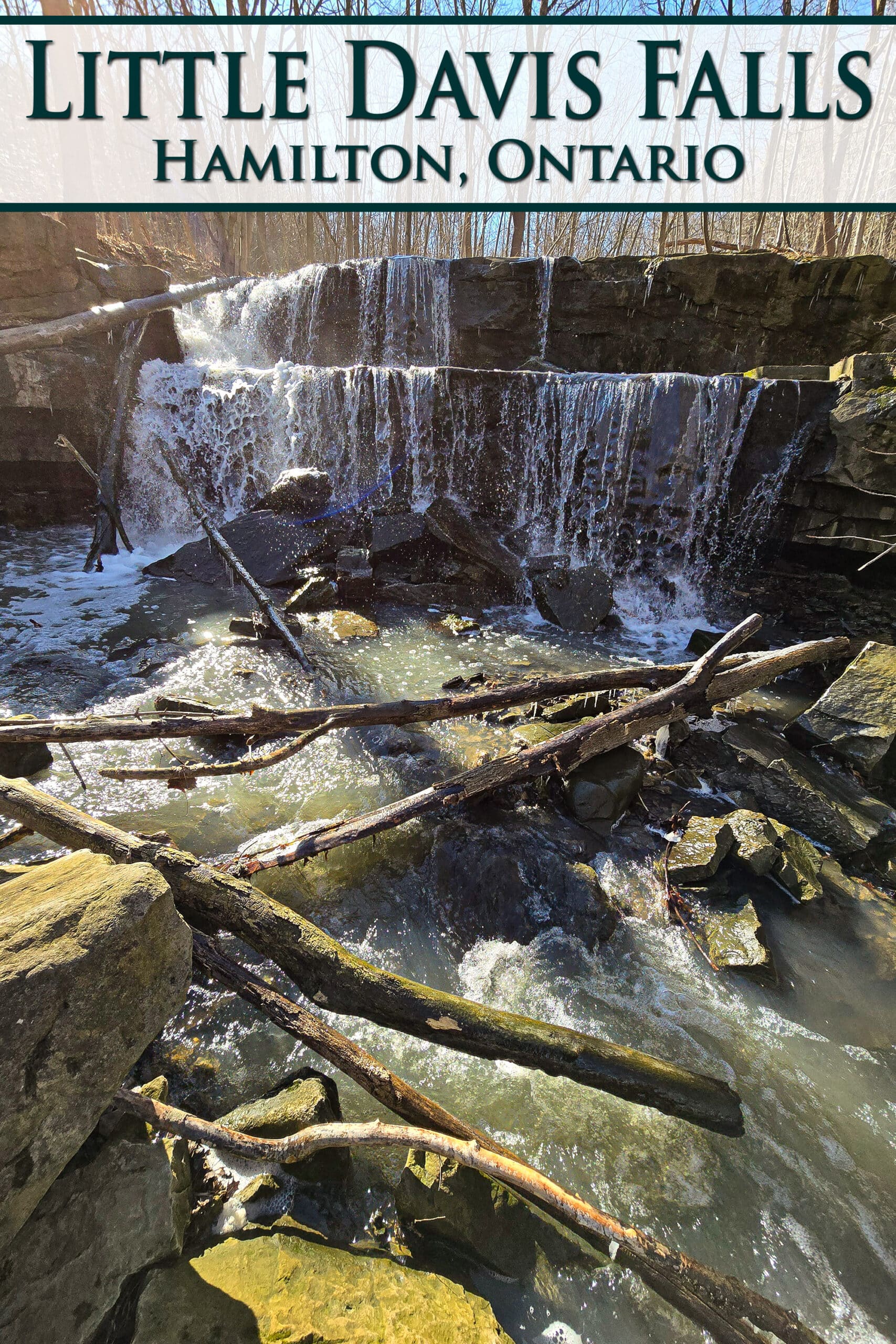 Little Davis Falls, viewed from the base of the waterfall. Overlaid text says little davis falls Hamilton, Ontario.