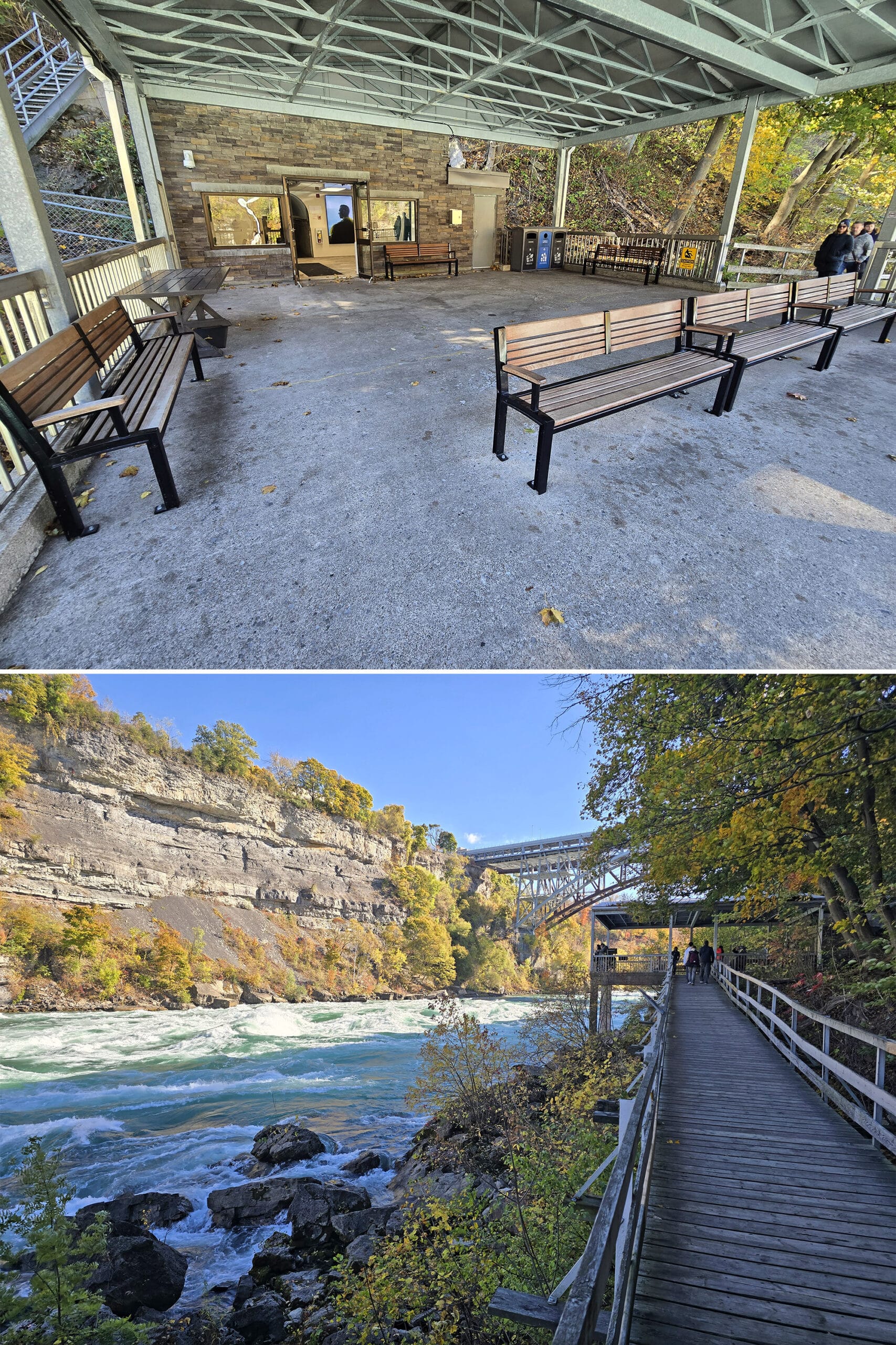 2 part image showing the first viewing area at white water walk.