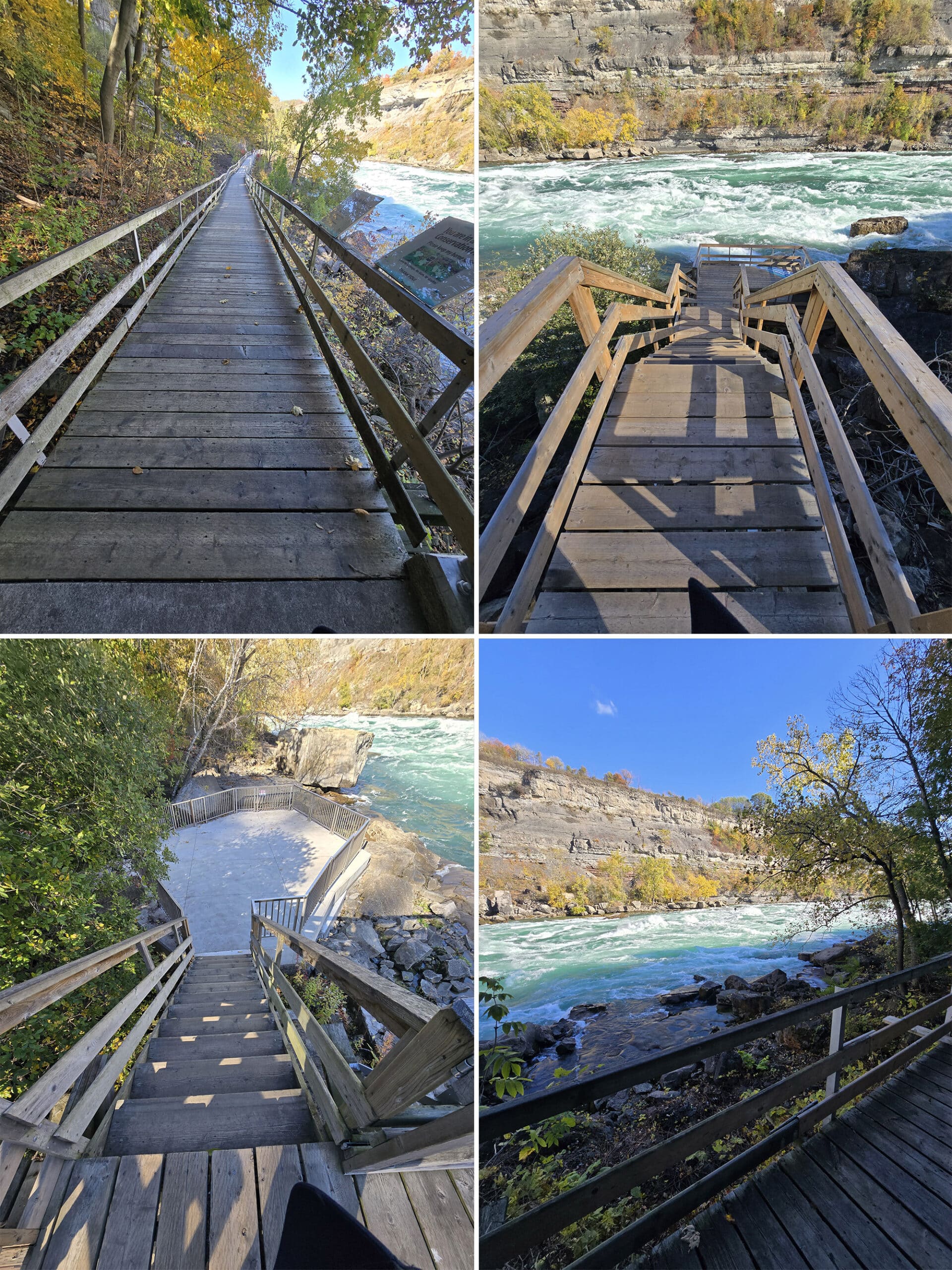 4 part image showing the boardwalk trail and one of the viewing platforms at white water walk.
