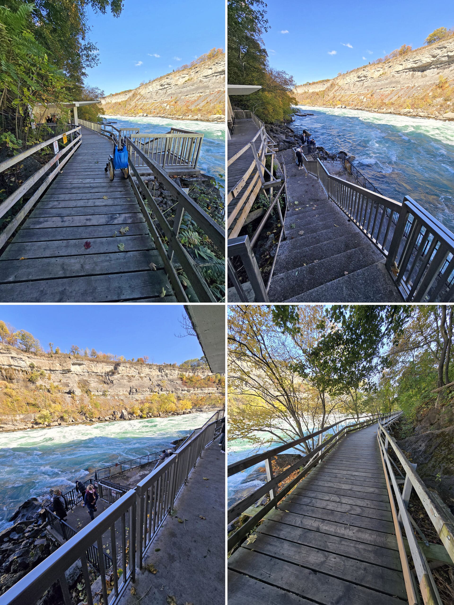 4 part image showing the boardwalk trail and one of the viewing platforms at white water walk.