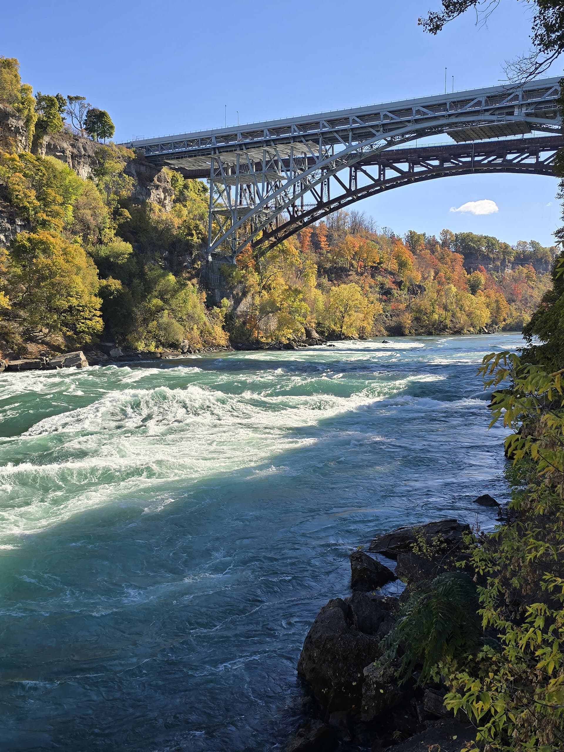 Looking out over white water rapids from the boardwalk at white water walk, a bridge in the background.