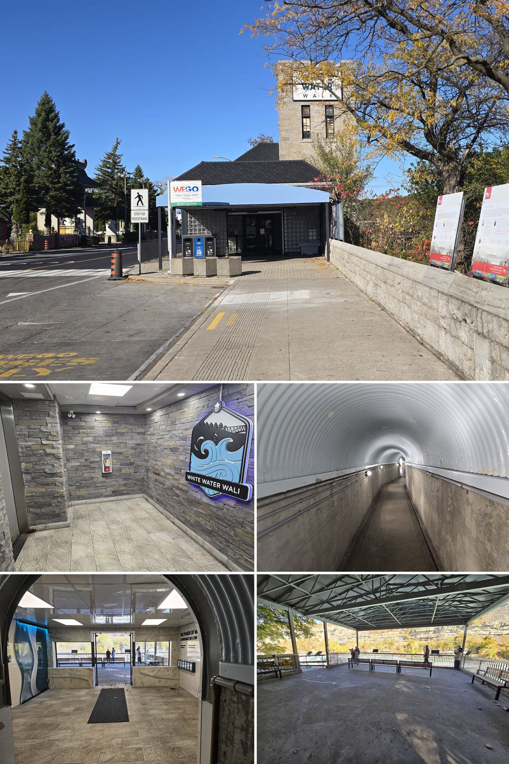 5 part image showing the outside of the white water walk building, the tunnel, the lobby, and the first observation deck over the rapids.