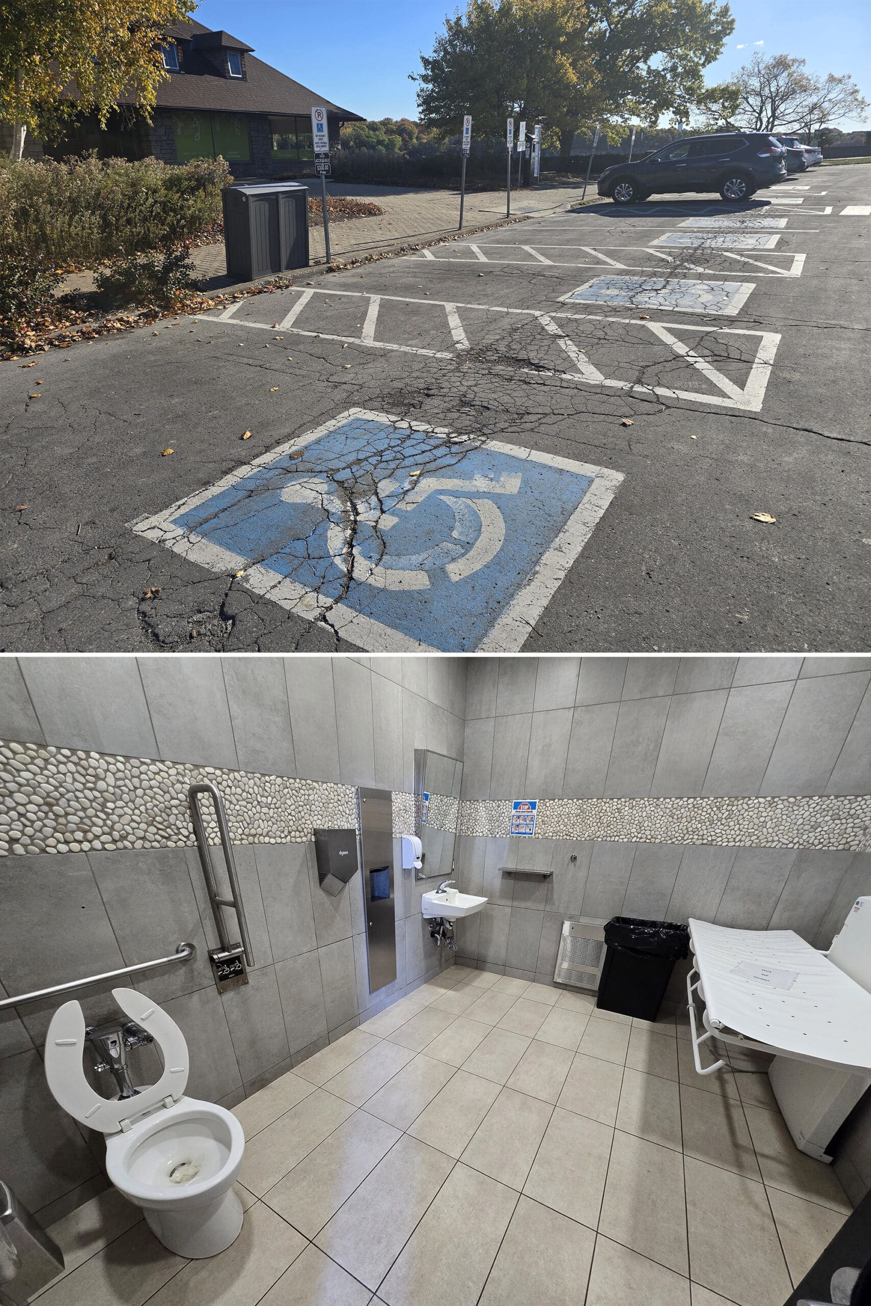 2 part image showing the accessible parking and washroom at Niagara Glen Trail and nature centre.