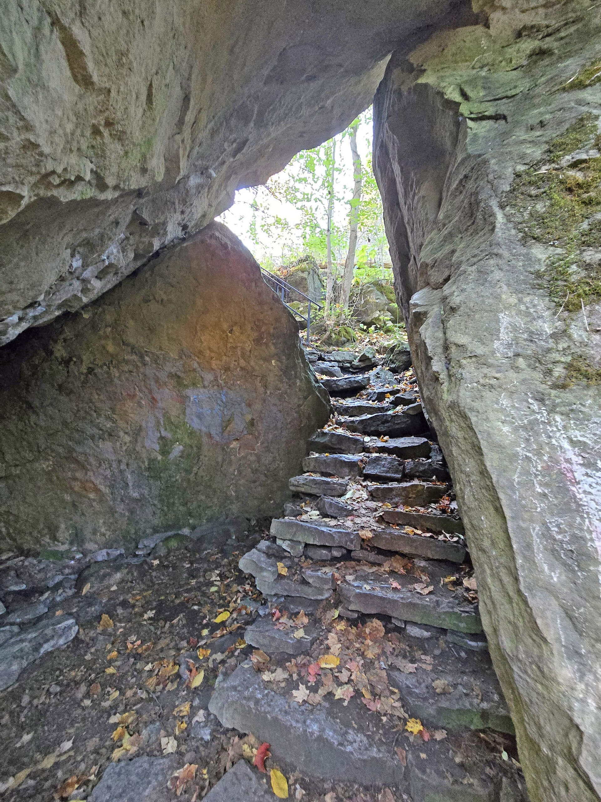 A set of rock steps going up between some large boulders on the niagara glen trail.