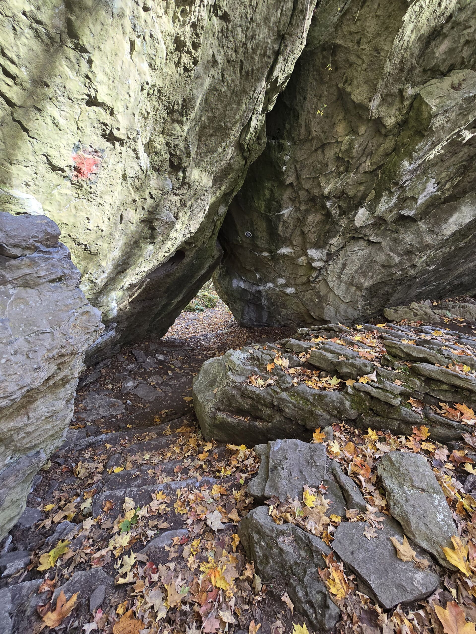 A small path between two large boulders.