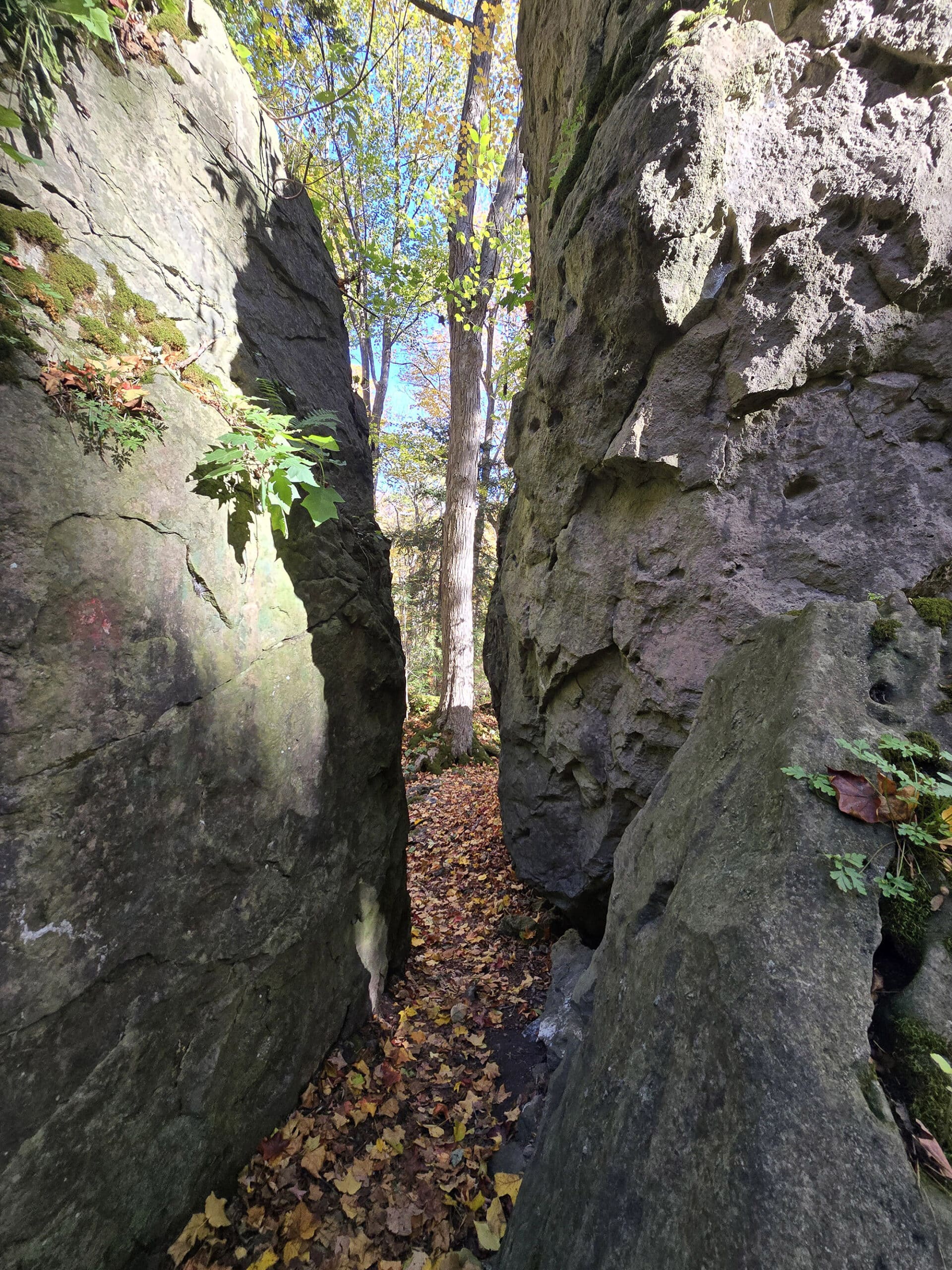 A space between two large boulders.