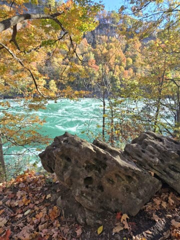 2 boulders in front of the niagara whirlpool and gorge.