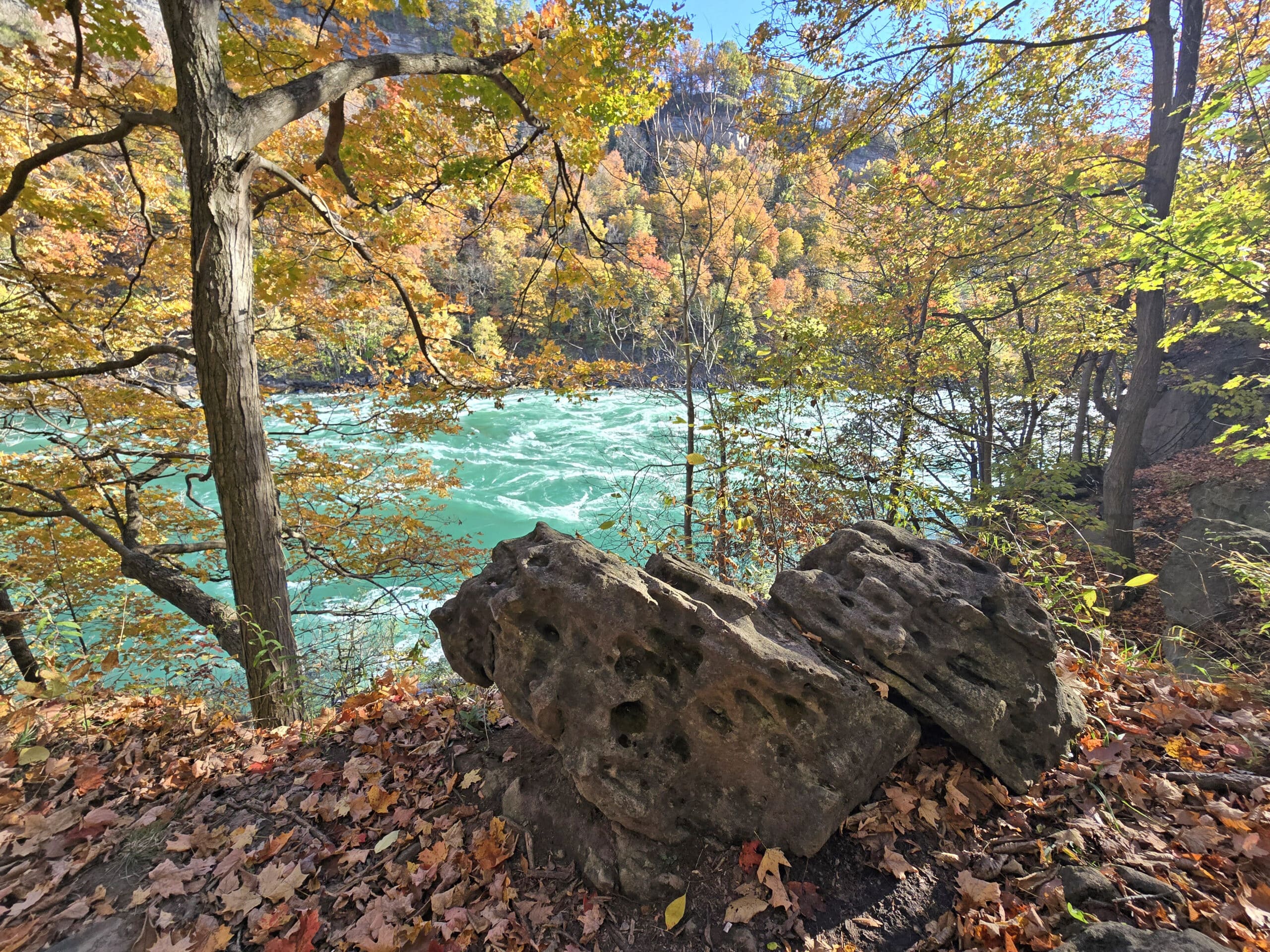 2 boulders in front of the niagara whirlpool and gorge.