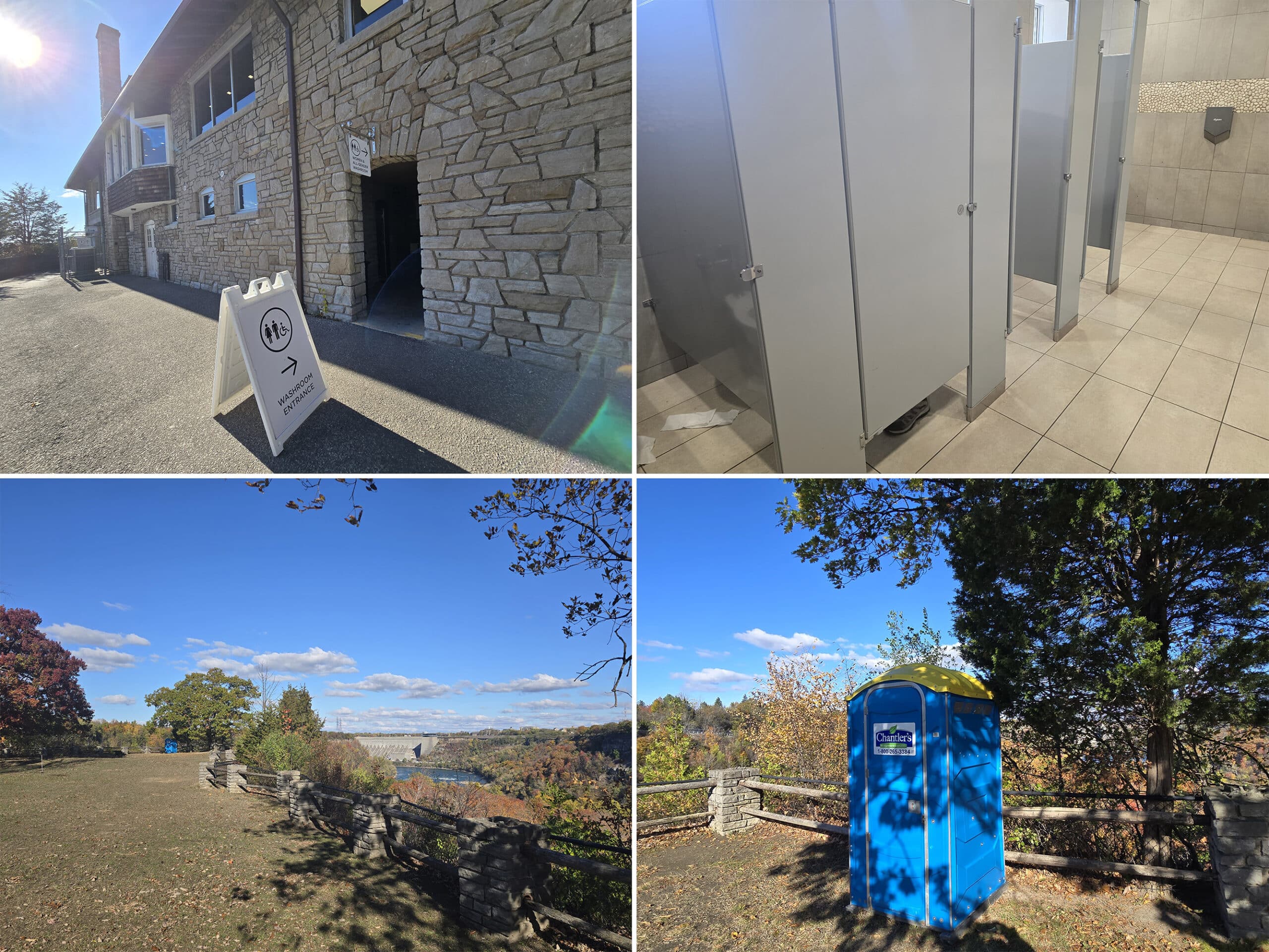 4 part image showing the indoor washrooms and porta potty at Niagara Glen.