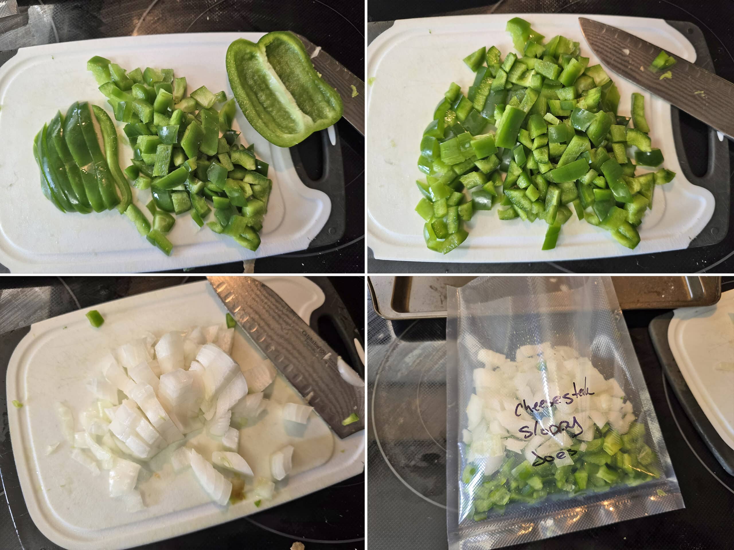 4 part image showing green bell peppers and onions being chopped and added to a vacuum sealed freezer baggie.