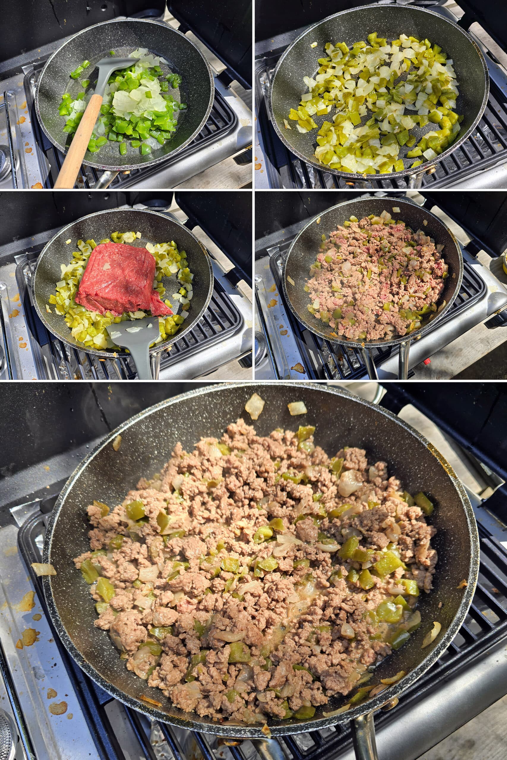 5 part image showing the peppers and onions being cooked in a pan, then ground beef added, broken up, and browned.