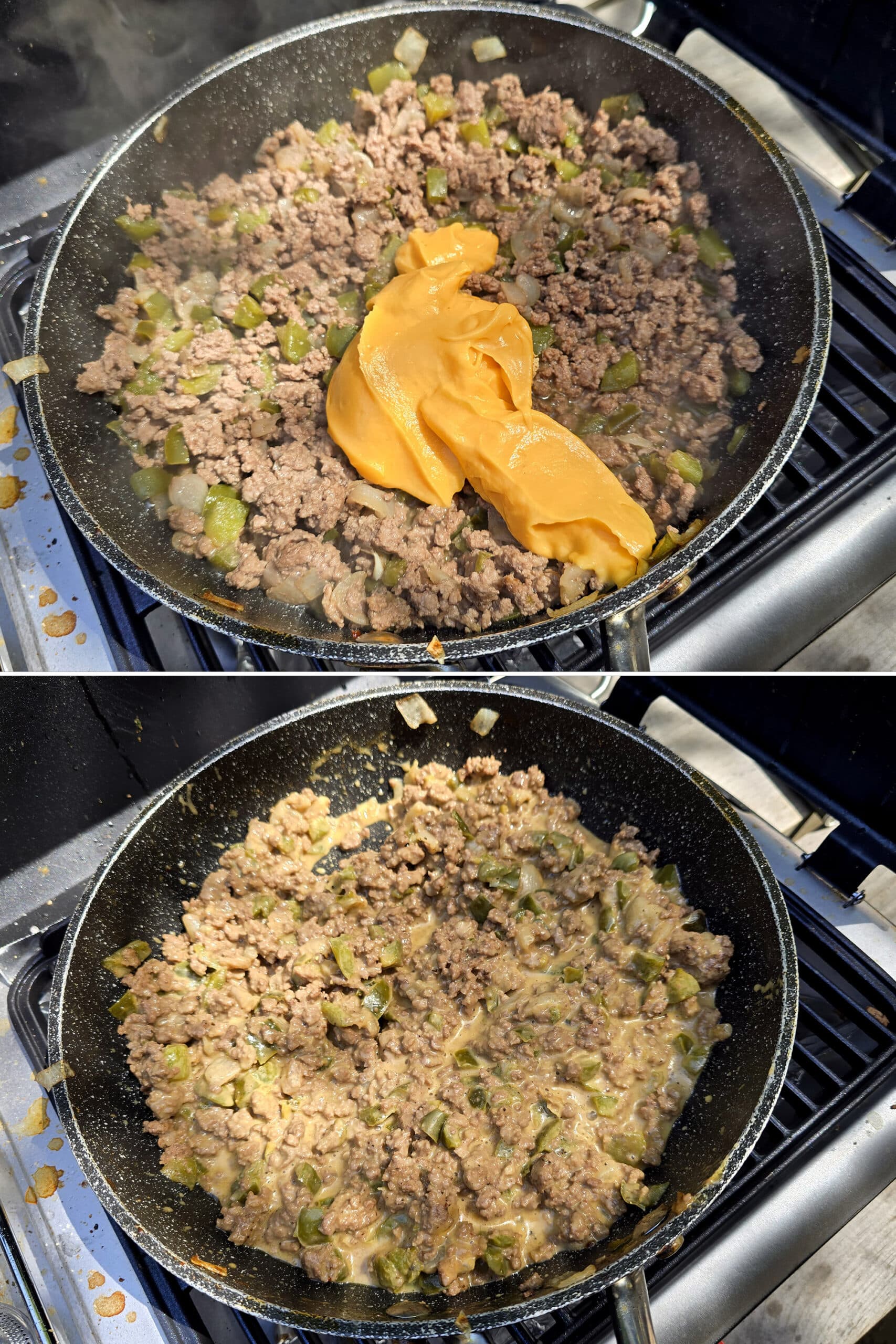 2 part image showing Cheez Whiz being added to the pan and stirred in.