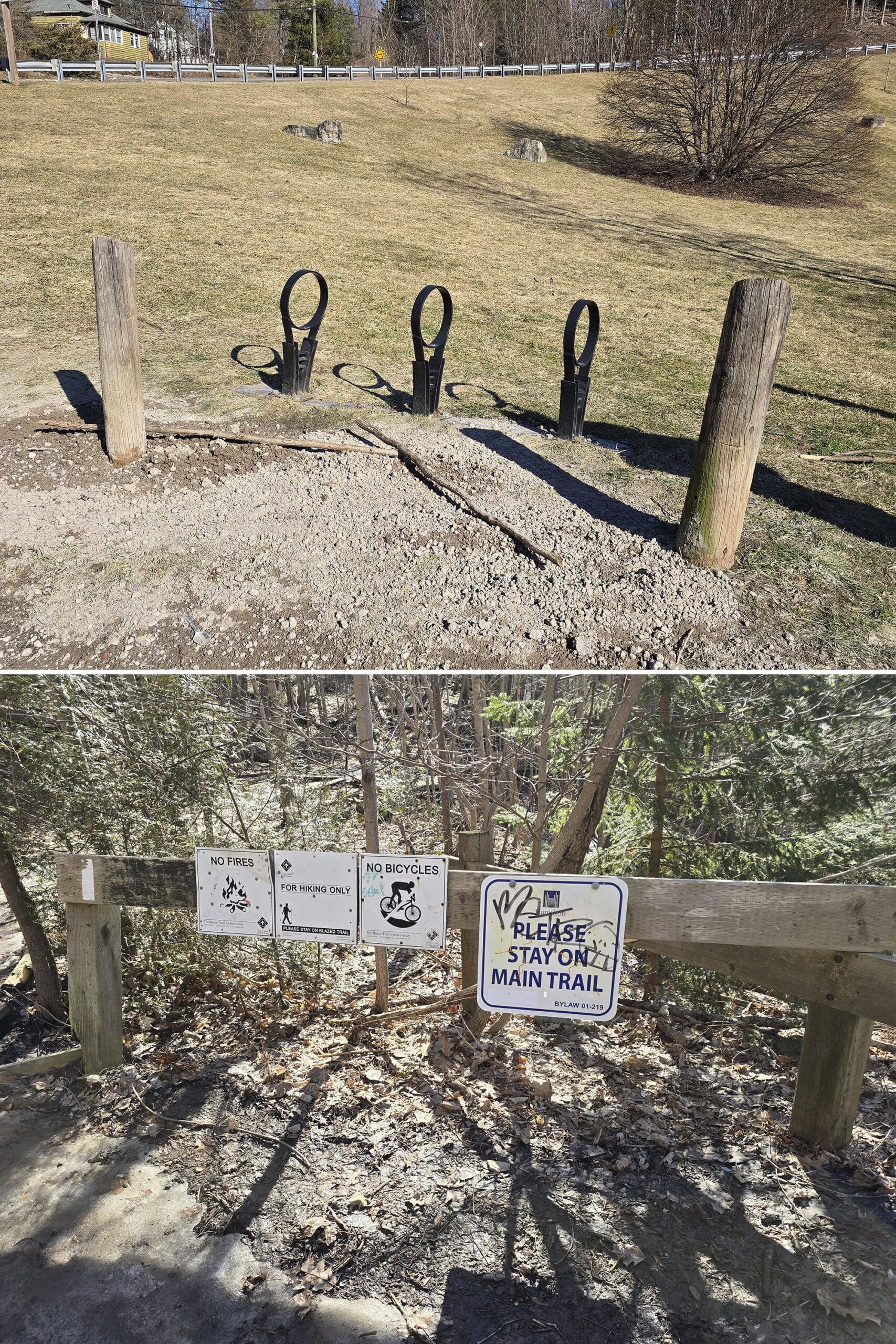 A bike rack and sign saying biking is prohibited, at smokey hollow falls.
