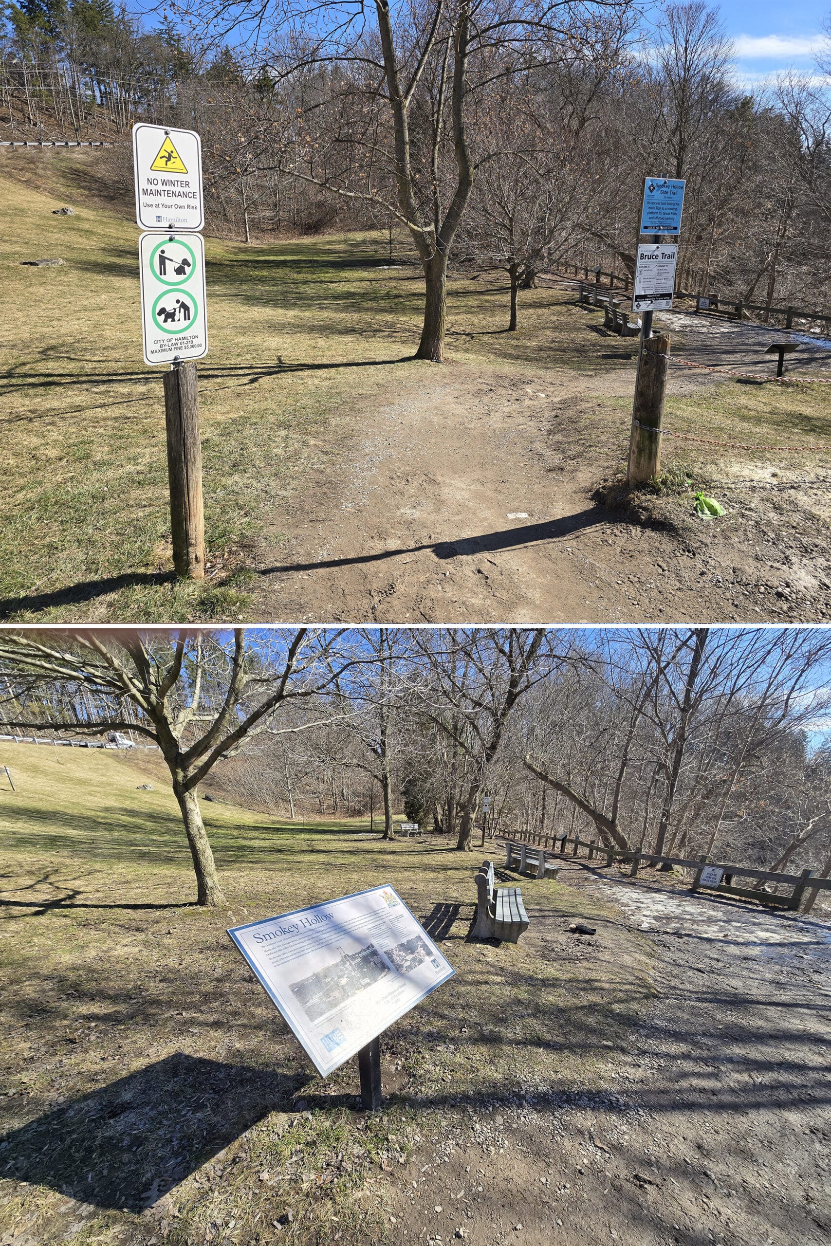 2 part image showing a picnic area at Smokey Hollow Falls.