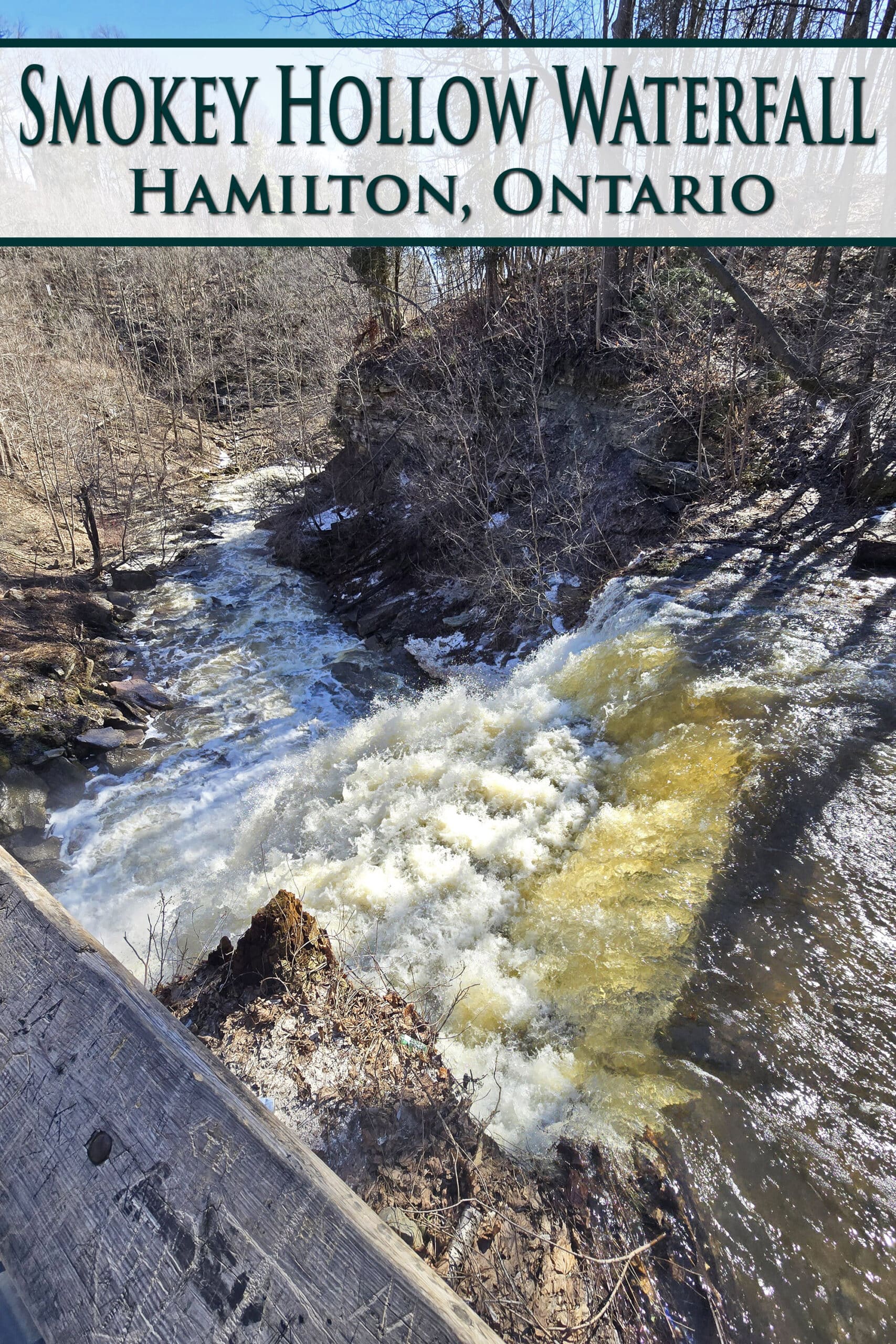 A view from the top of smokey hollow falls. Overlaid text says smokey hollow waterfall hamilton ontario.